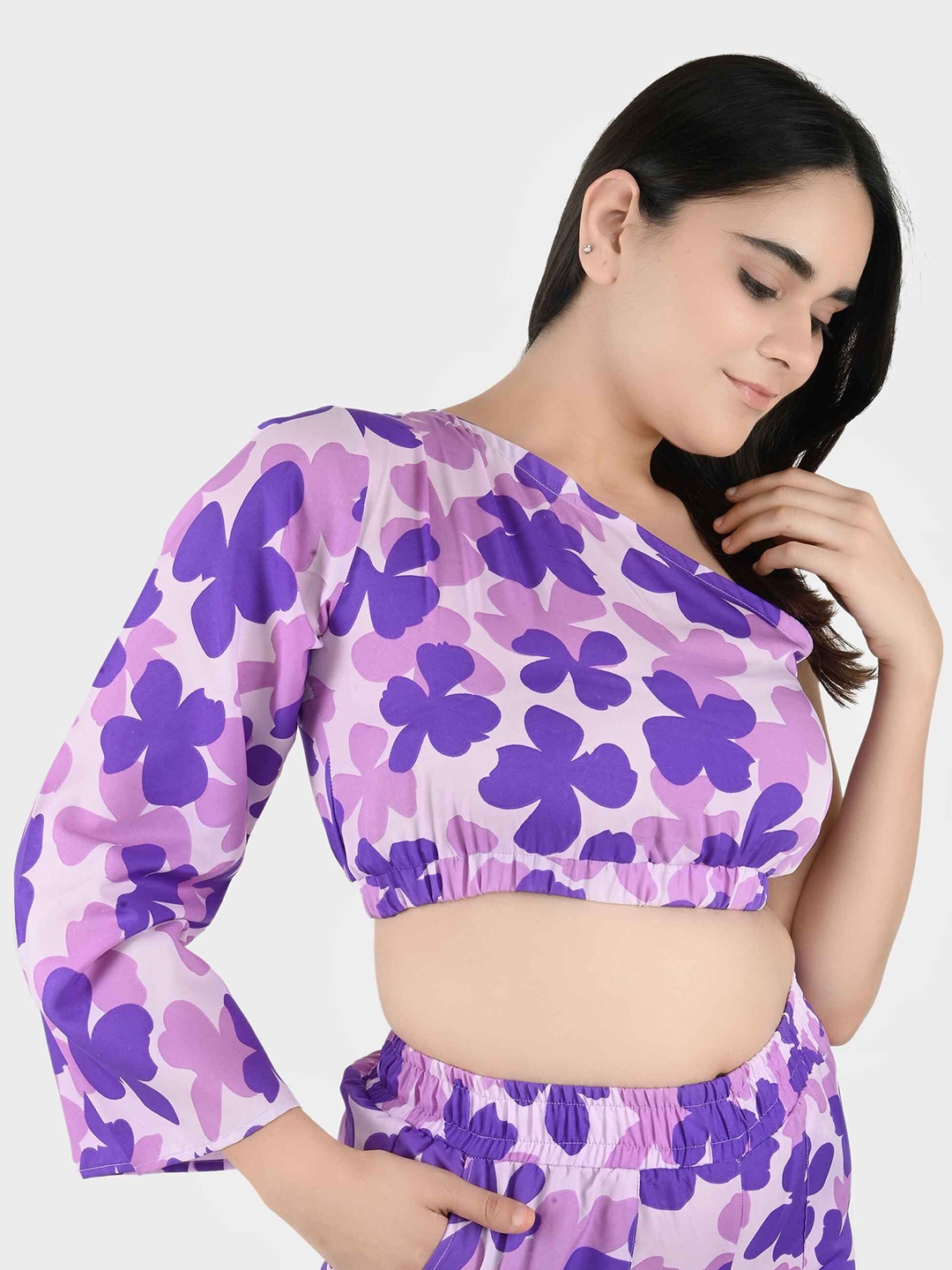 

Blissence Floral Print One Shoulder Bell Sleeve Crepe Crop Top, Purple