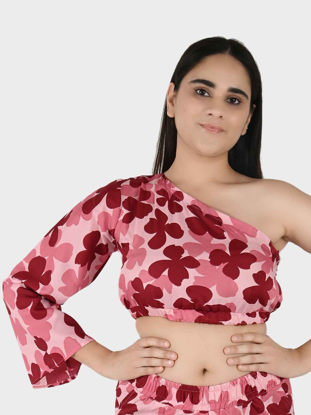 

Blissence Floral Print One Shoulder Bell Sleeve Crepe Crop Top, Pink