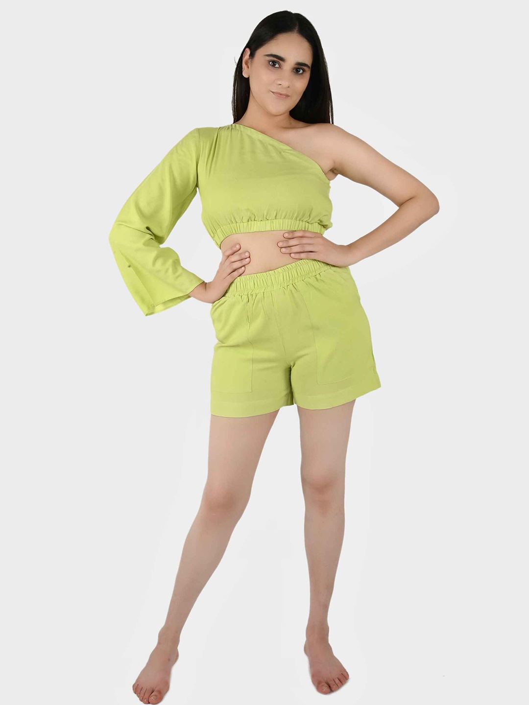 

Blissence One Shoulder Bell Sleeve Crop Top, Lime green