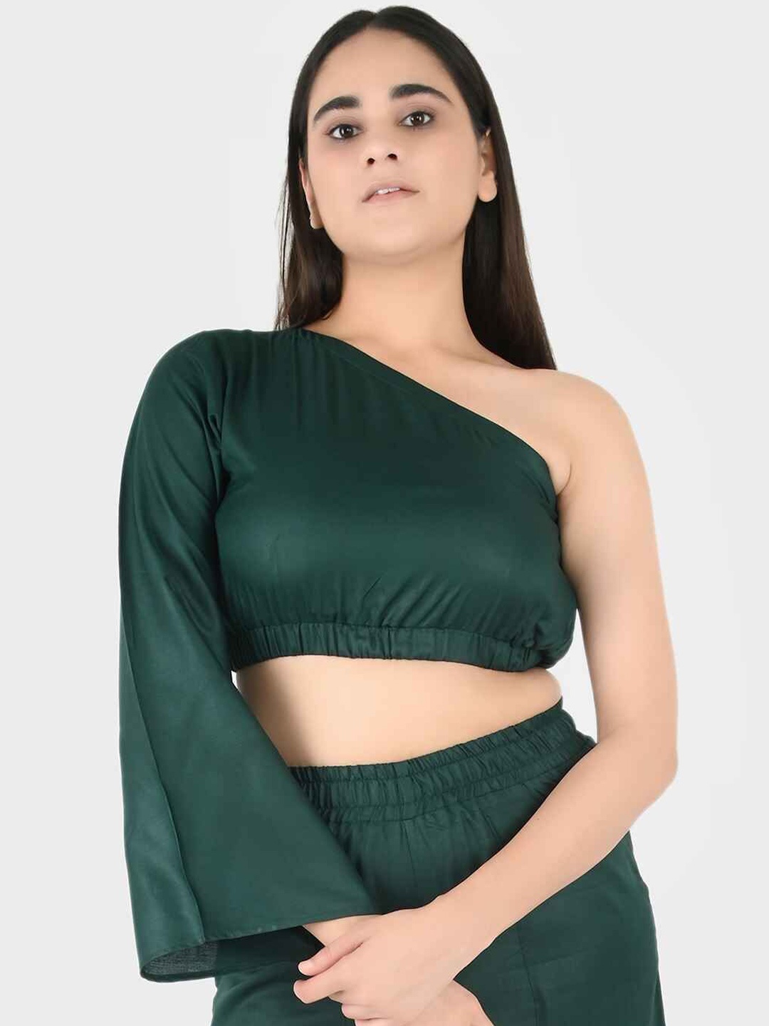

Blissence One Shoulder Bell Sleeve Crop Top, Green