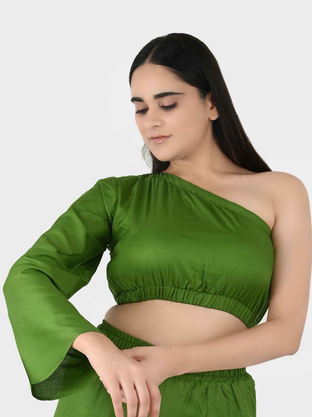 

Blissence One Shoulder Bell Sleeve Crop Top, Green