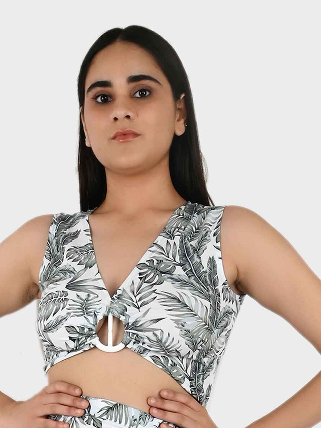 

Blissence Tropical Print Tropical Crop Top, Grey