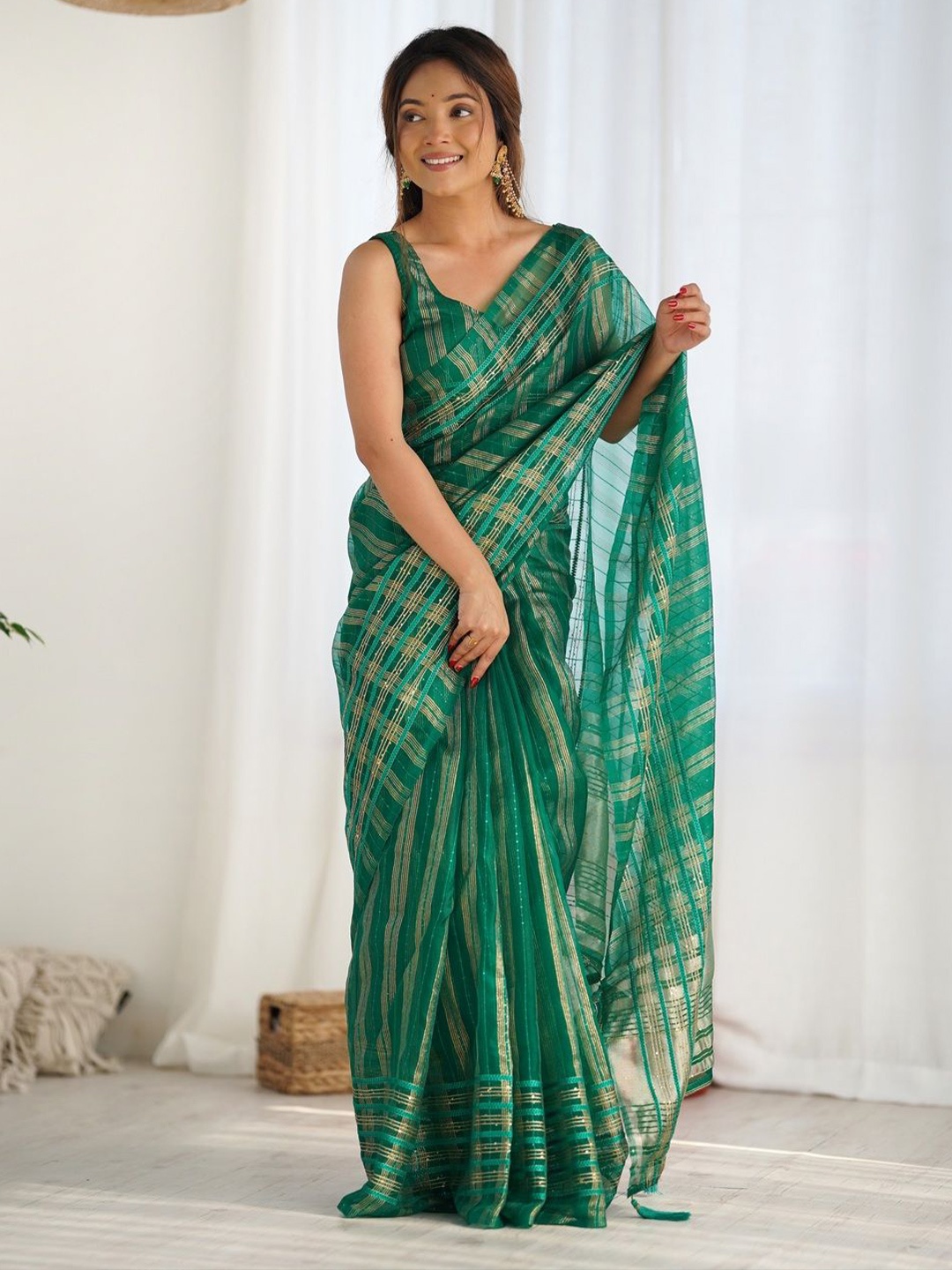 

KALINI Woven Design Zari Organza Chanderi Saree, Green