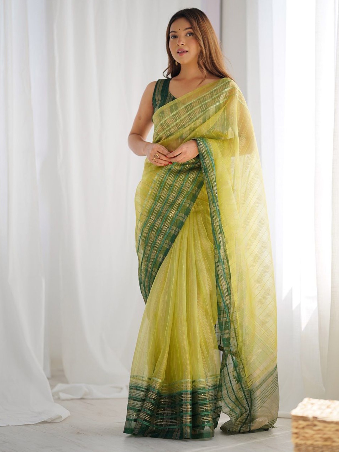 

KALINI Checked Sequinned Organza Chanderi Saree, Lime green