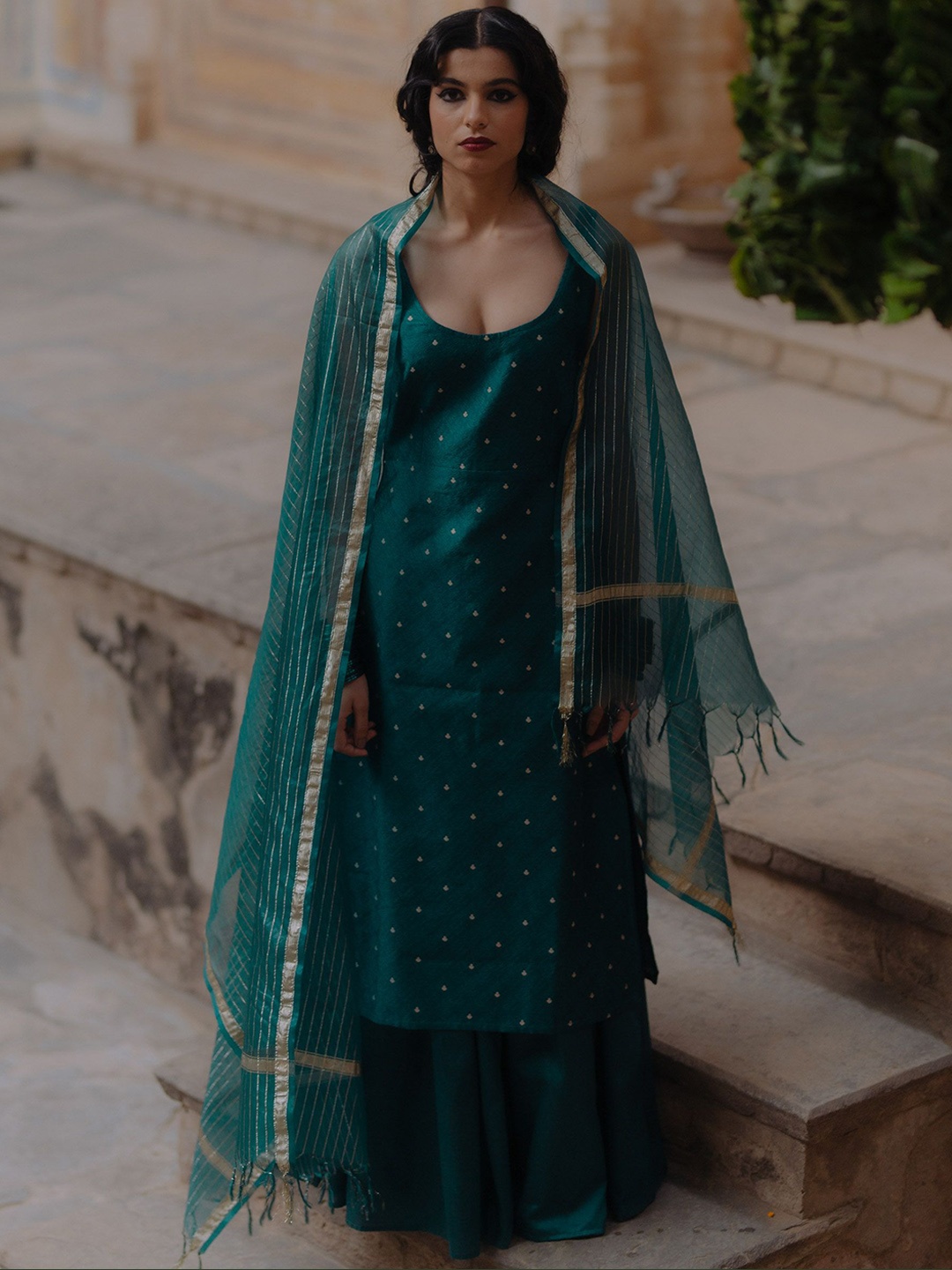 

BAARO MASI Woven Design Jacquard Straight Kurta with Skirt & Dupatta, Teal