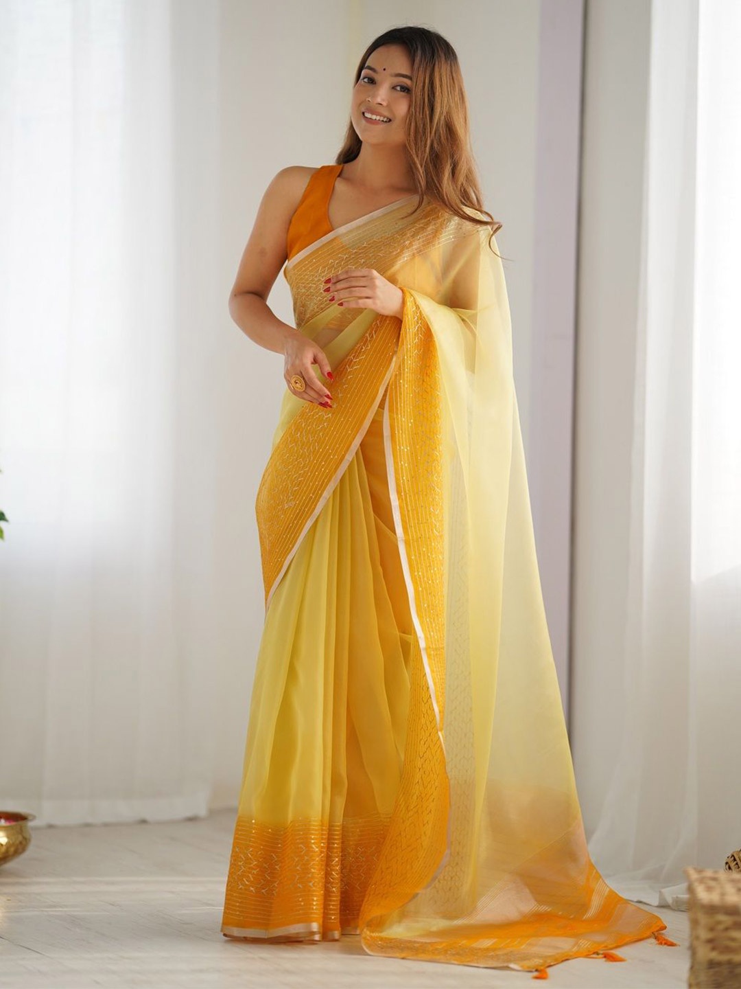 

KALINI Sequinned Organza Chanderi Saree, Yellow