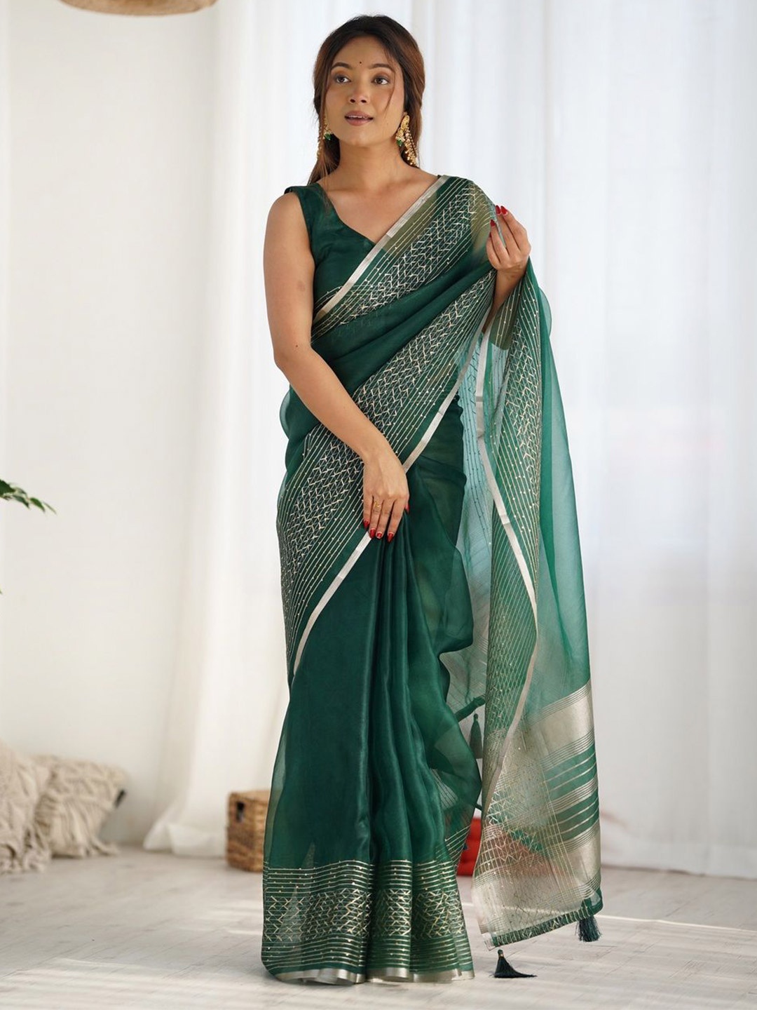 

KALINI Zari Organza Chanderi Saree, Green