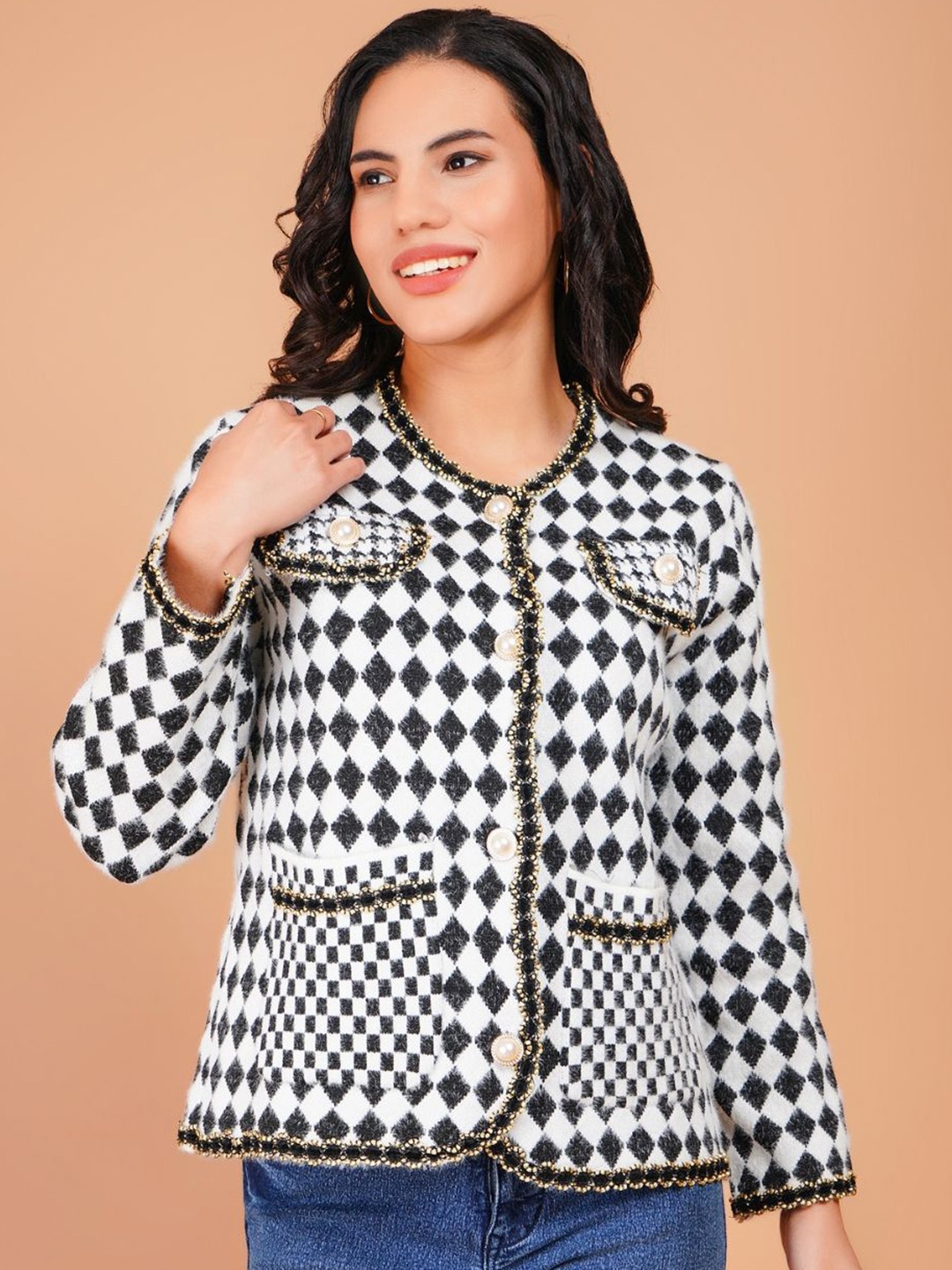 

Boholyfe Women Checked Woollen Knitted Tailored Jacket, White