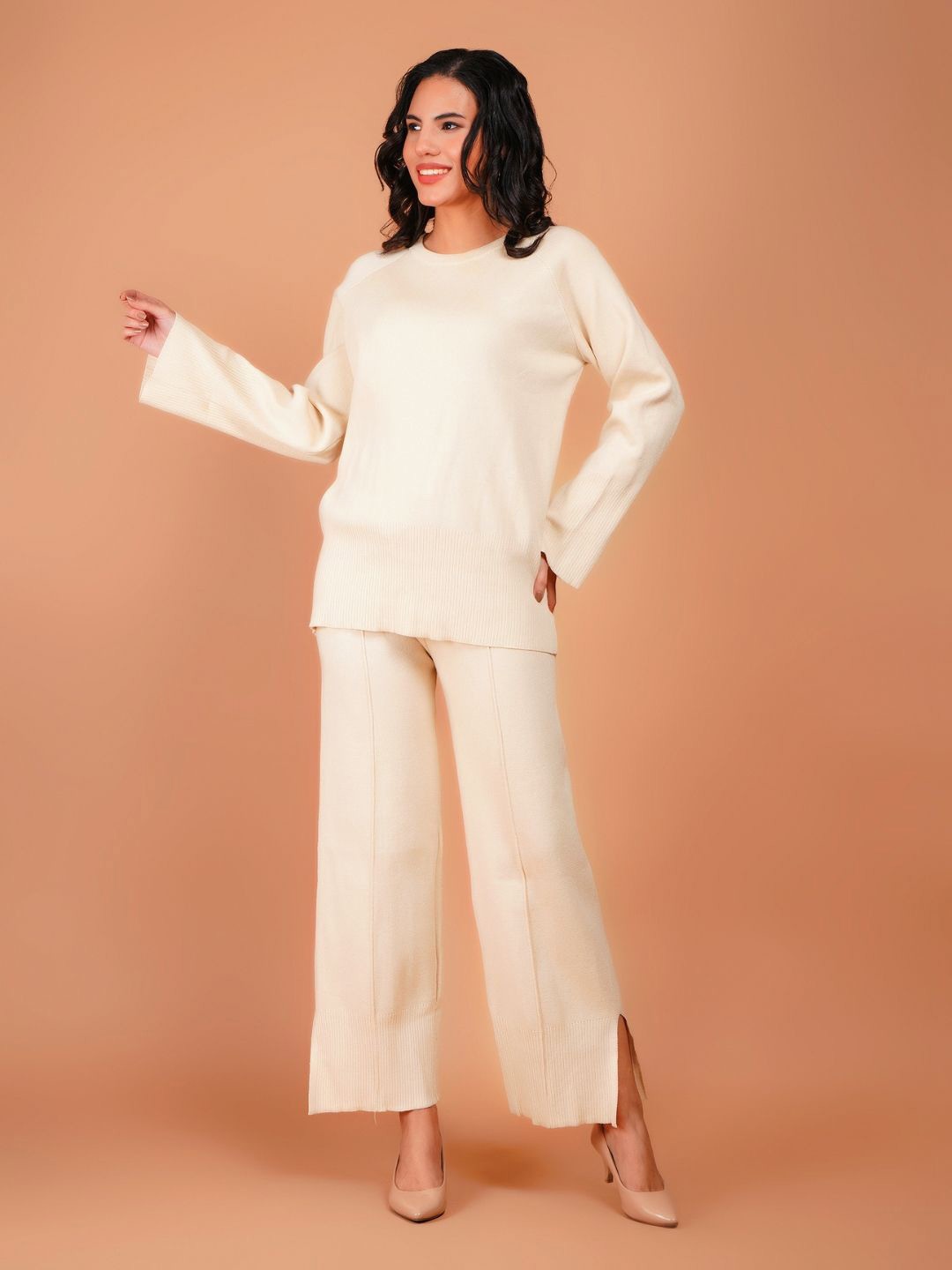 

Boholyfe Chic Canvas Winter Round Neck T-Shirt & Trousers Co-Ords, Cream