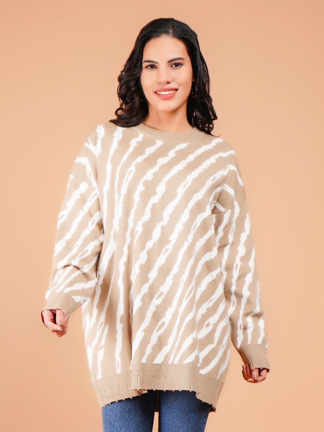 Boholyfe Women Striped Longline Pullover, Beige