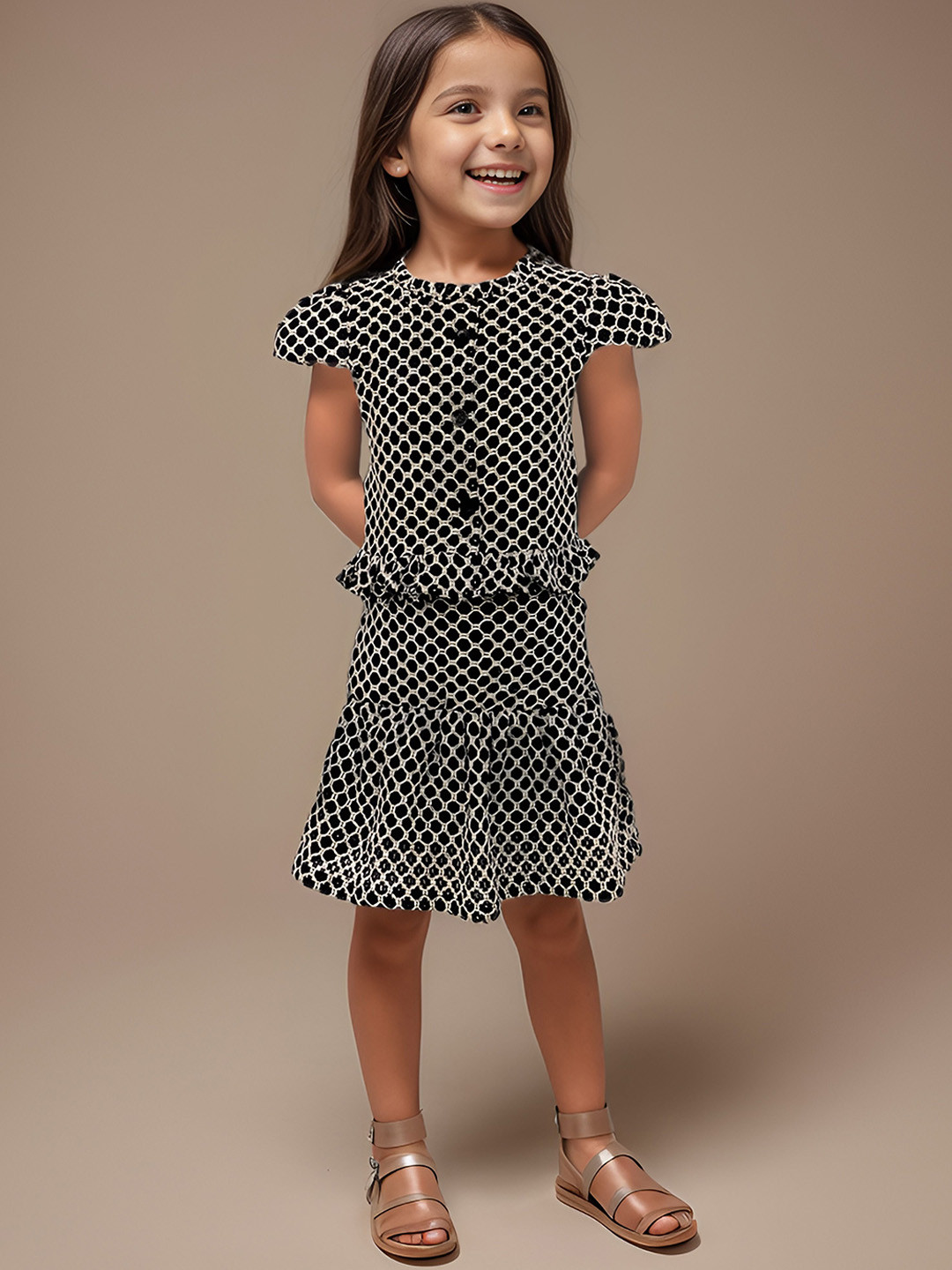 

Safehugs Girls Self-Design Round Neck Short Sleeves Pure Cotton Top With Skirt, Black