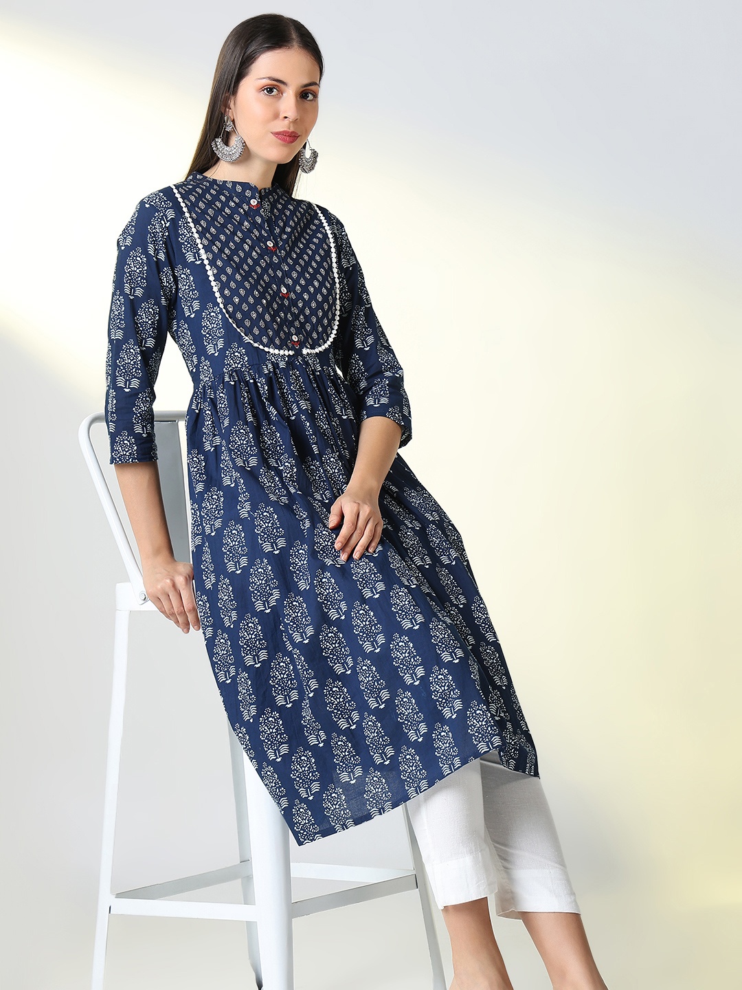 

SHOWOFF Floral Printed Mandarin Collar Three-Quarter Sleeves Anarkali Kurta, Blue