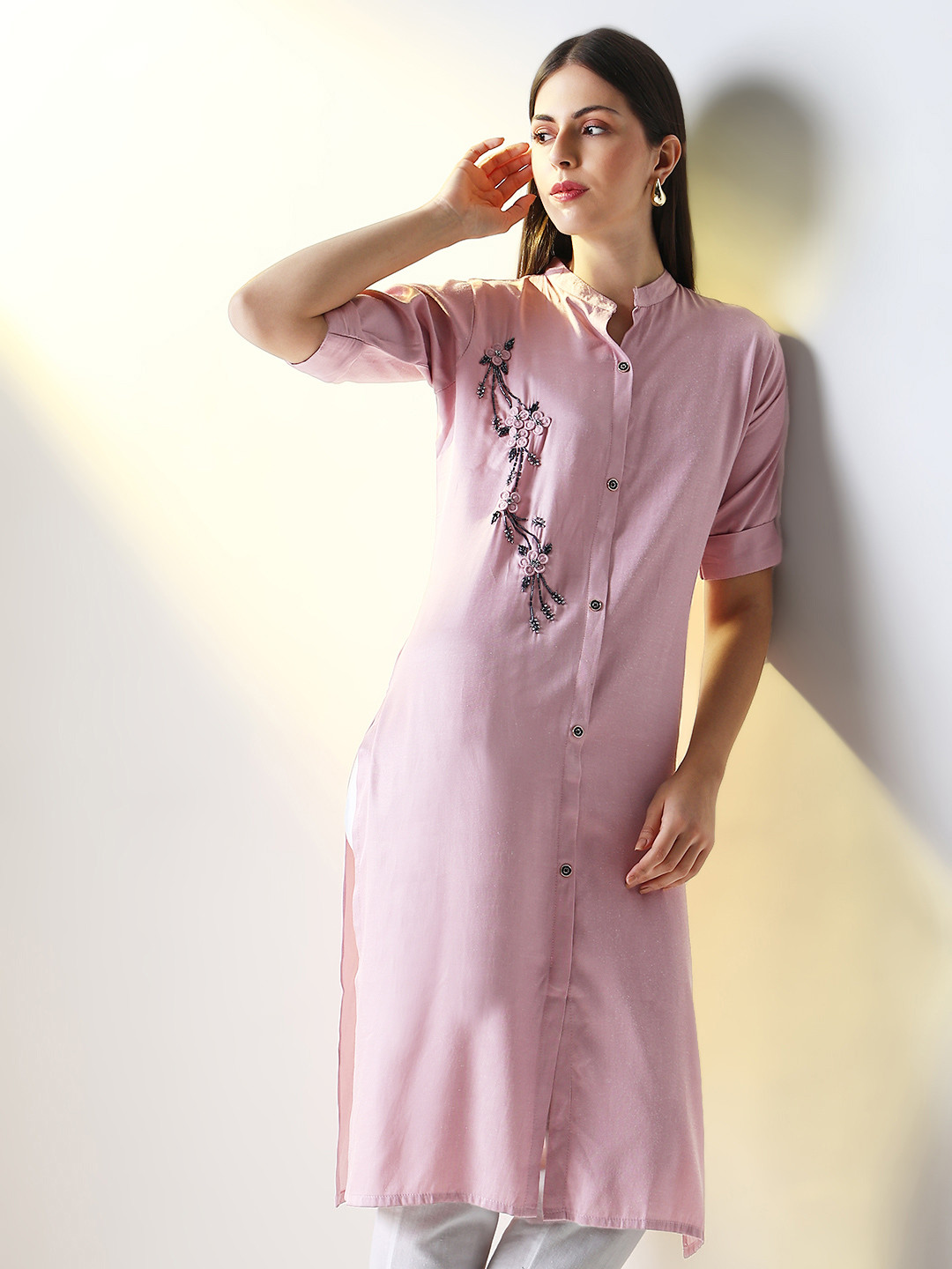

SHOWOFF Mandarin Collar Cotton Straight Kurta, Pink