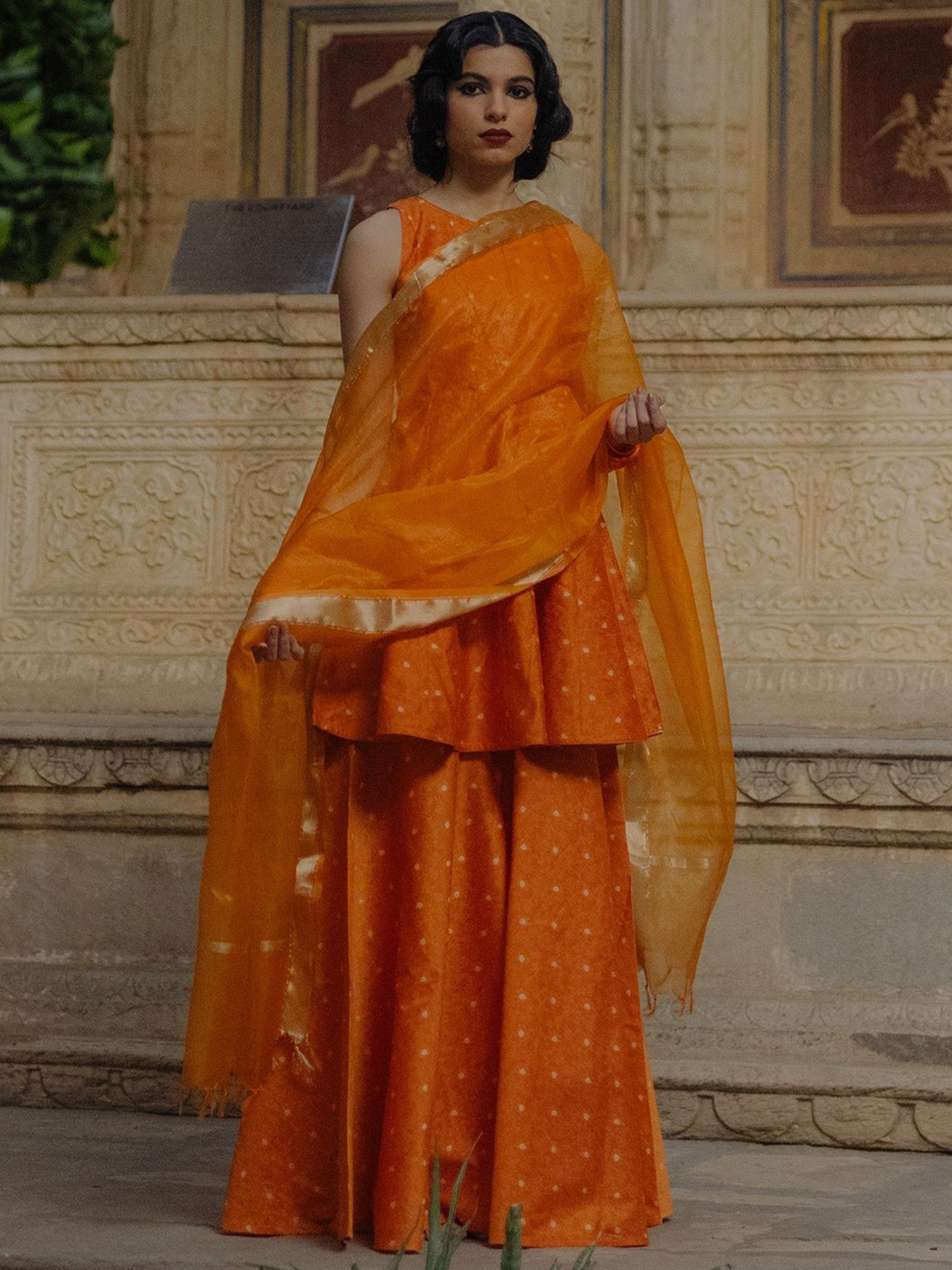 

BAARO MASI Floral Woven Design Panelled Brocade Kurti With Sharara & Dupatta, Orange