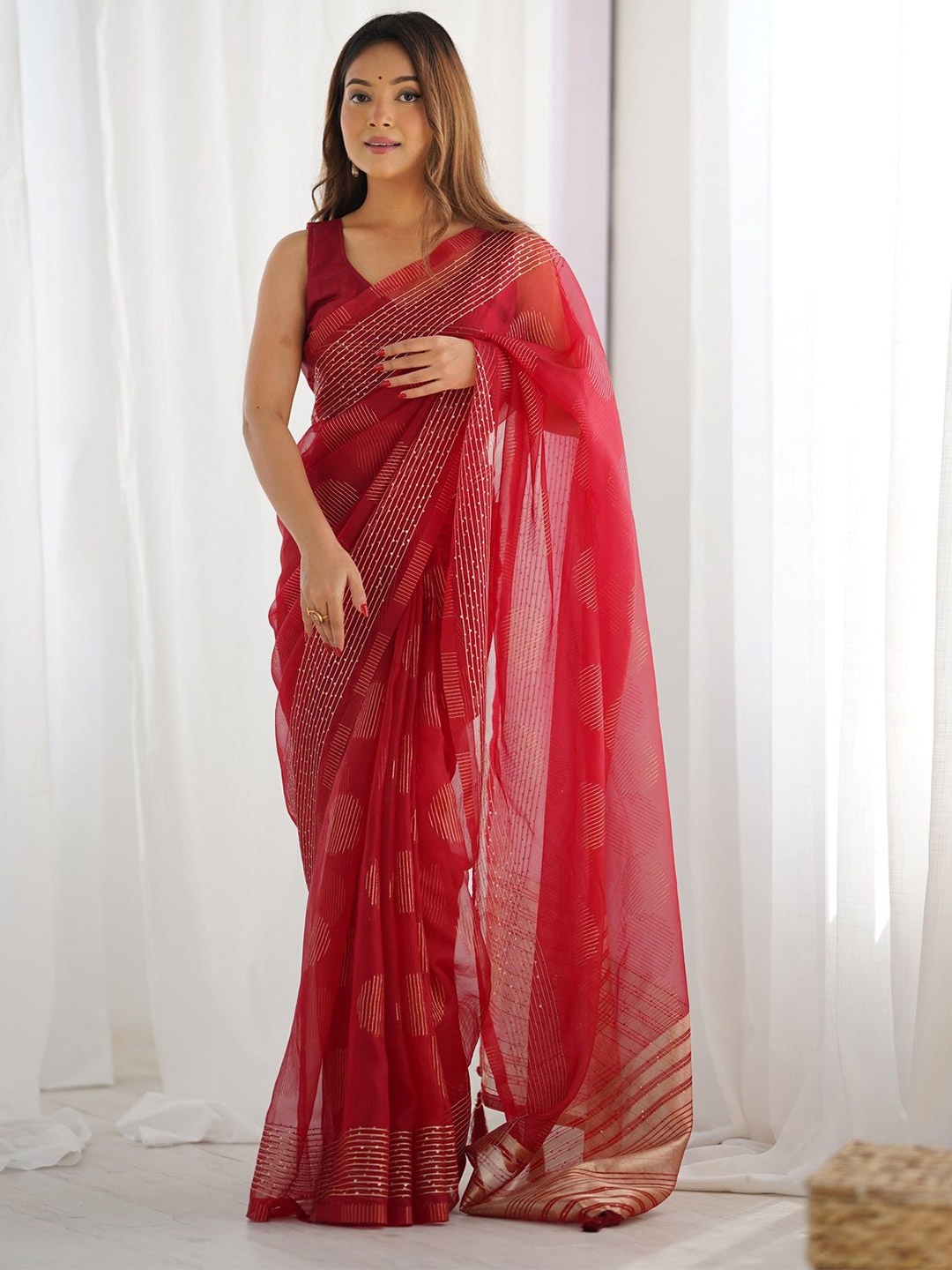 

KALINI Zari Organza Chanderi Saree, Red