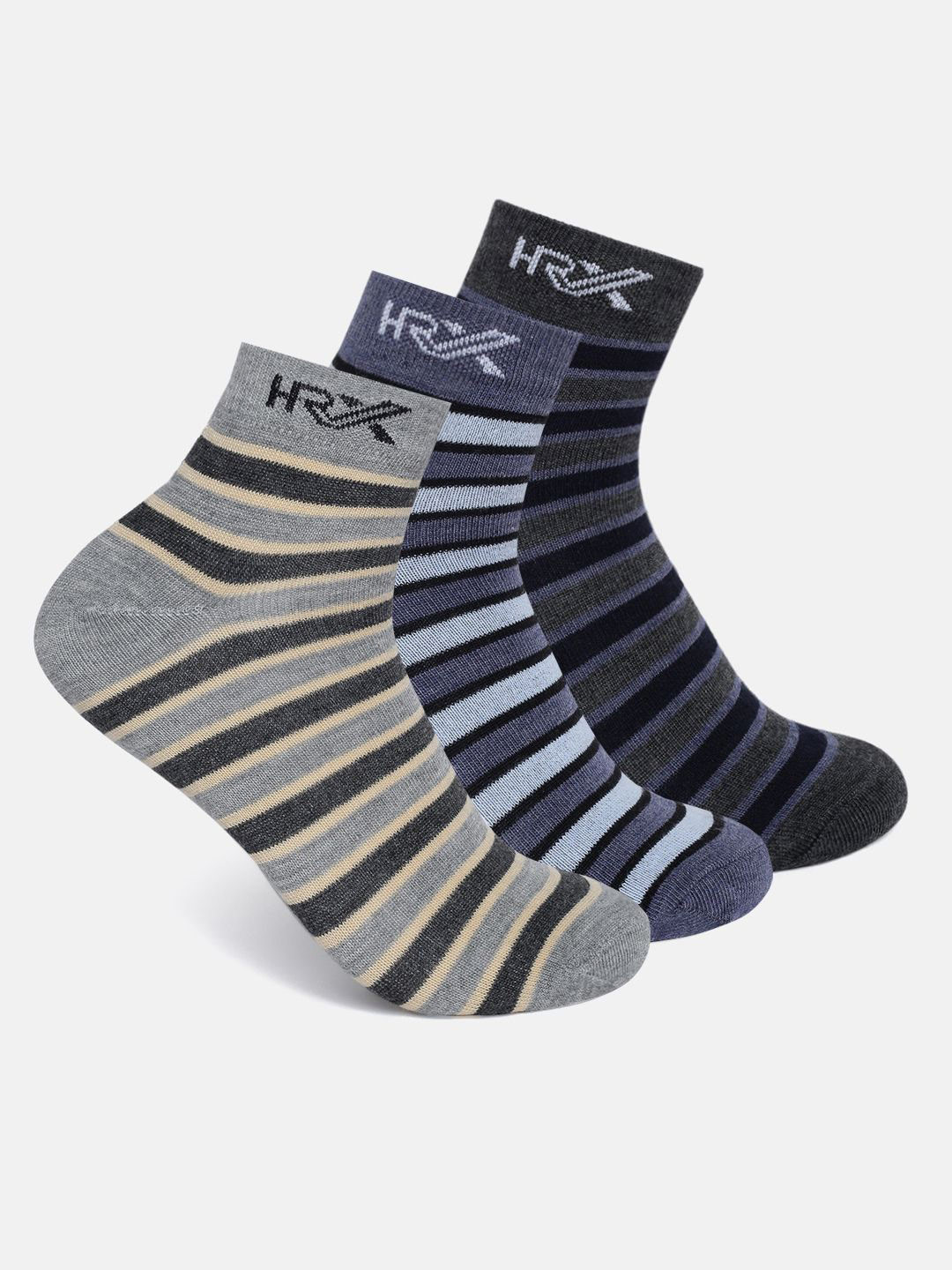 

HRX by Hrithik Roshan Men Pack Of 3 Striped Ankle-Length Socks, Grey