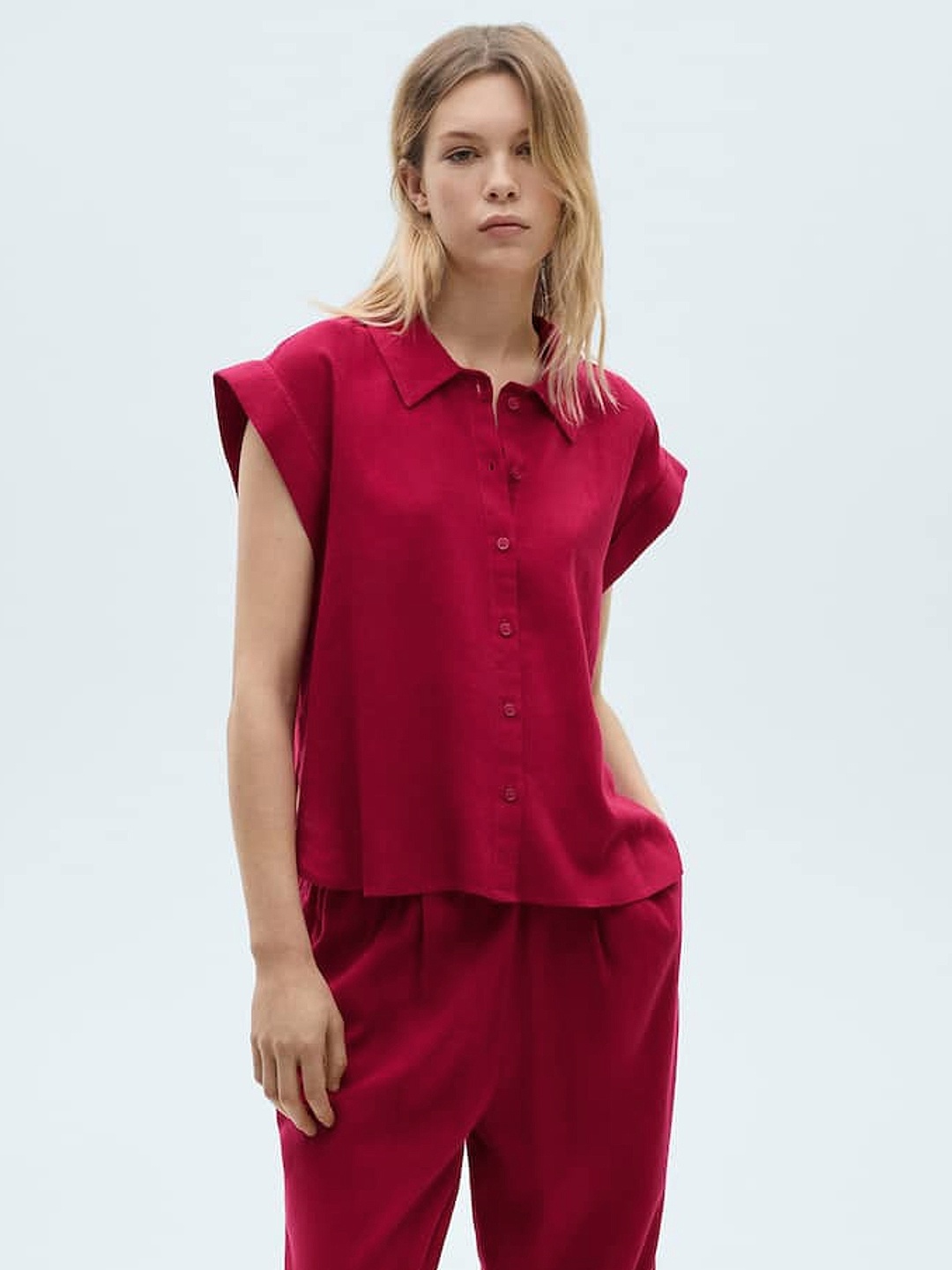 

MANGO Extended Sleeves Linen Shirt Style Top, Magenta