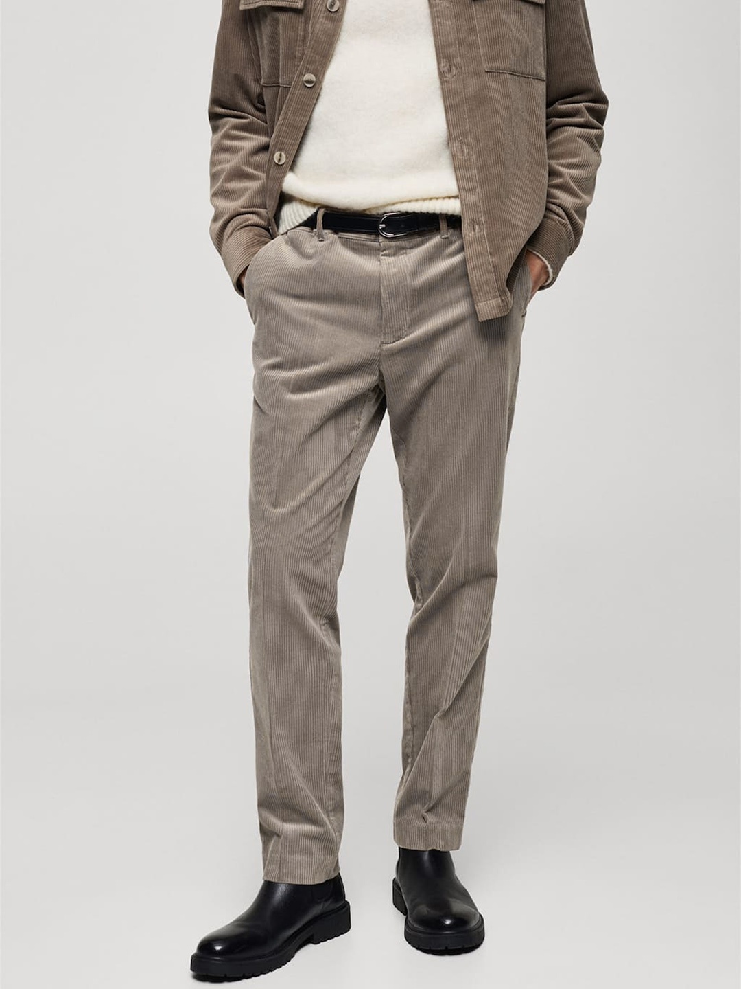 

MANGO MAN Pure Cotton Corduroy Formal Trousers, Grey