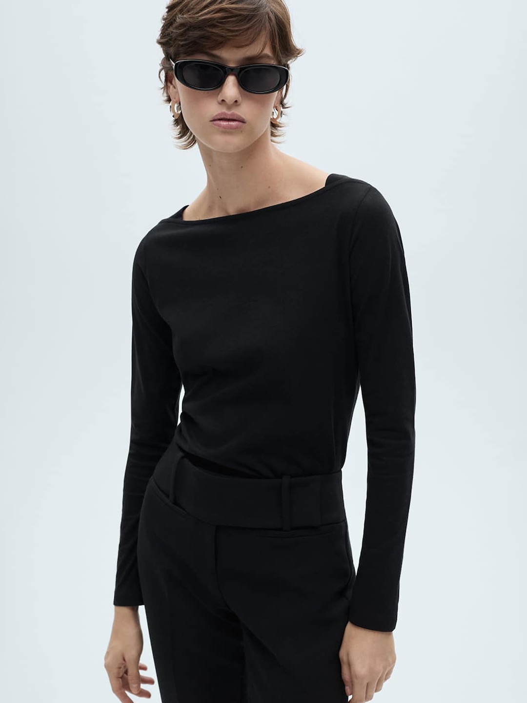 

MANGO Boat Neck Pure Cotton T-shirt, Black