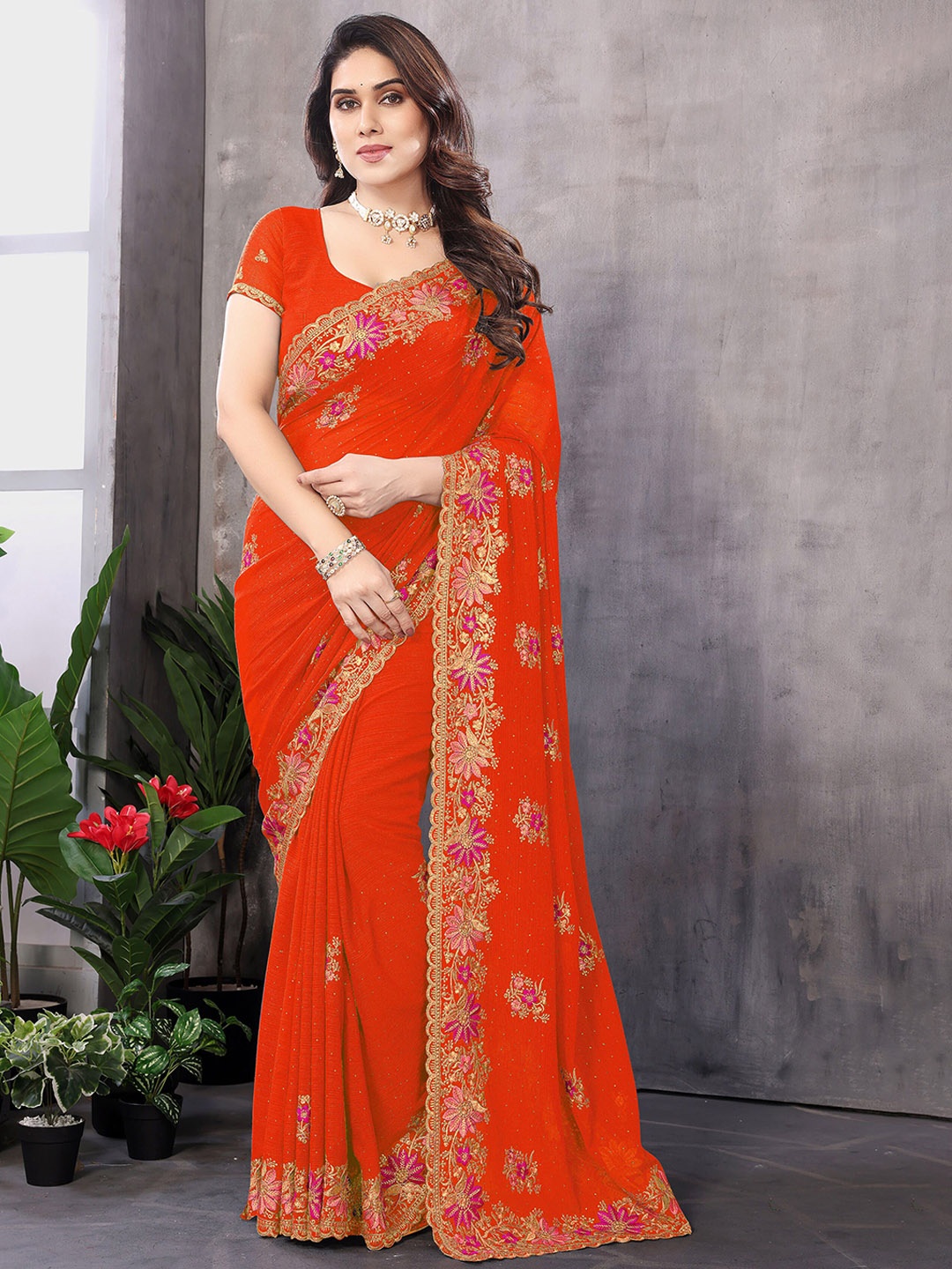 

KHRITI FAB Floral Beads and Stones Pure Georgette Saree, Orange