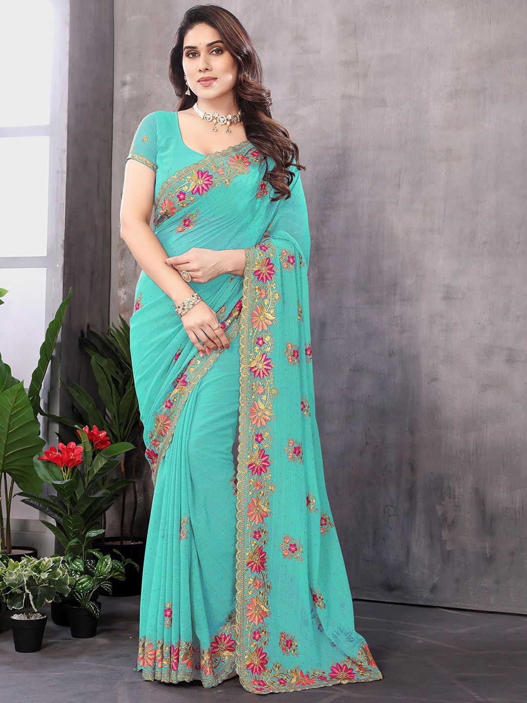 

KHRITI FAB Floral Zari Pure Georgette Saree, Turquoise blue