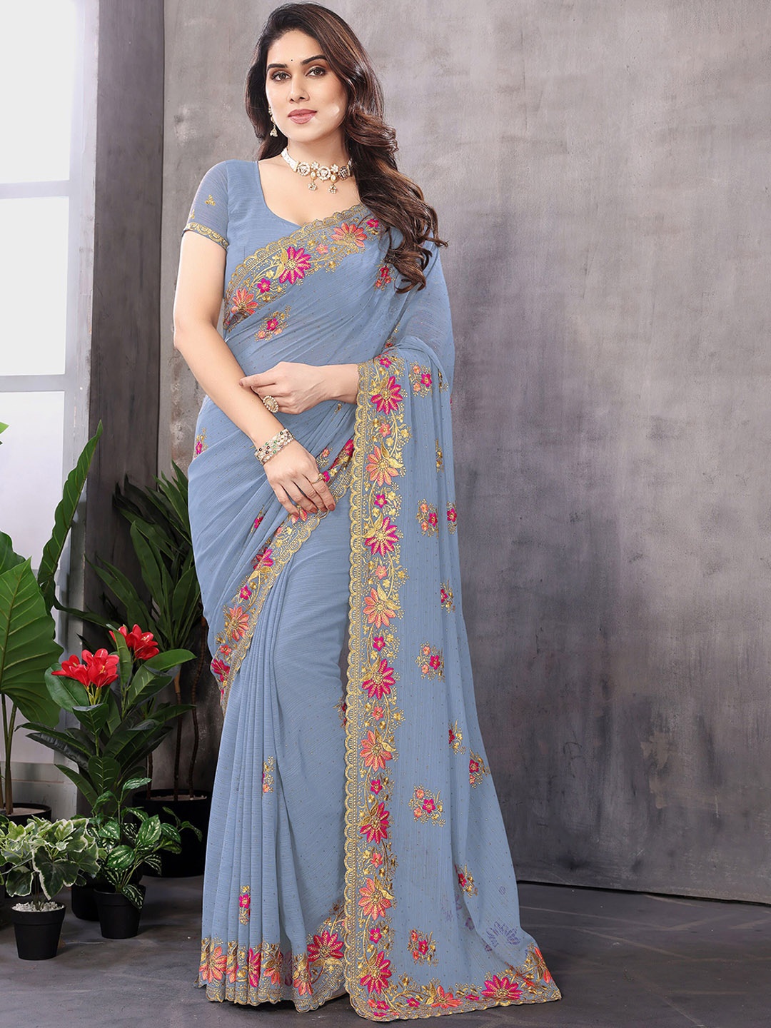 

KHRITI FAB Floral Beads and Stones Pure Georgette Saree, Lavender