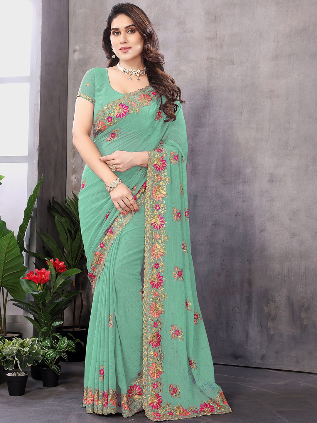 

KHRITI FAB Floral Embroidered Pure Georgette Saree, Olive