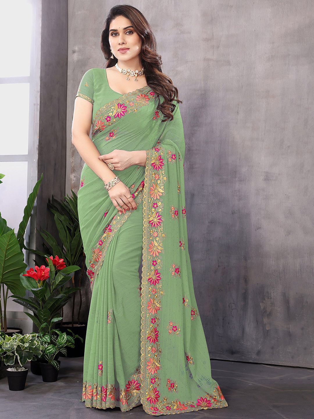 

KHRITI FAB Floral Zari Pure Georgette Saree, Green