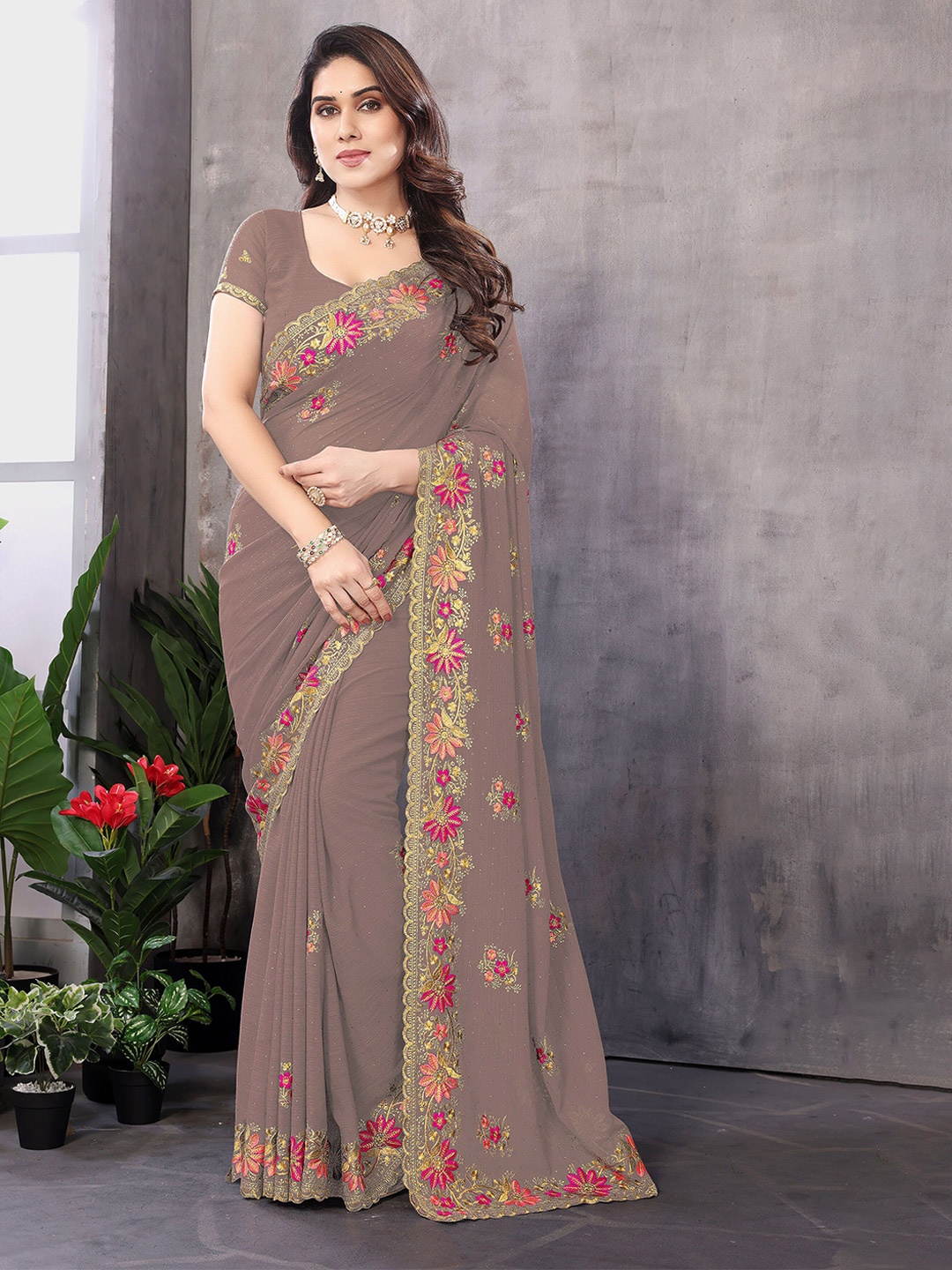 

KHRITI FAB Floral Embroidered Pure Georgette Saree, Brown