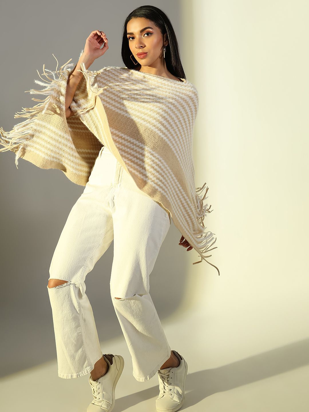 

SHOWOFF Women Striped Longline Poncho, Beige