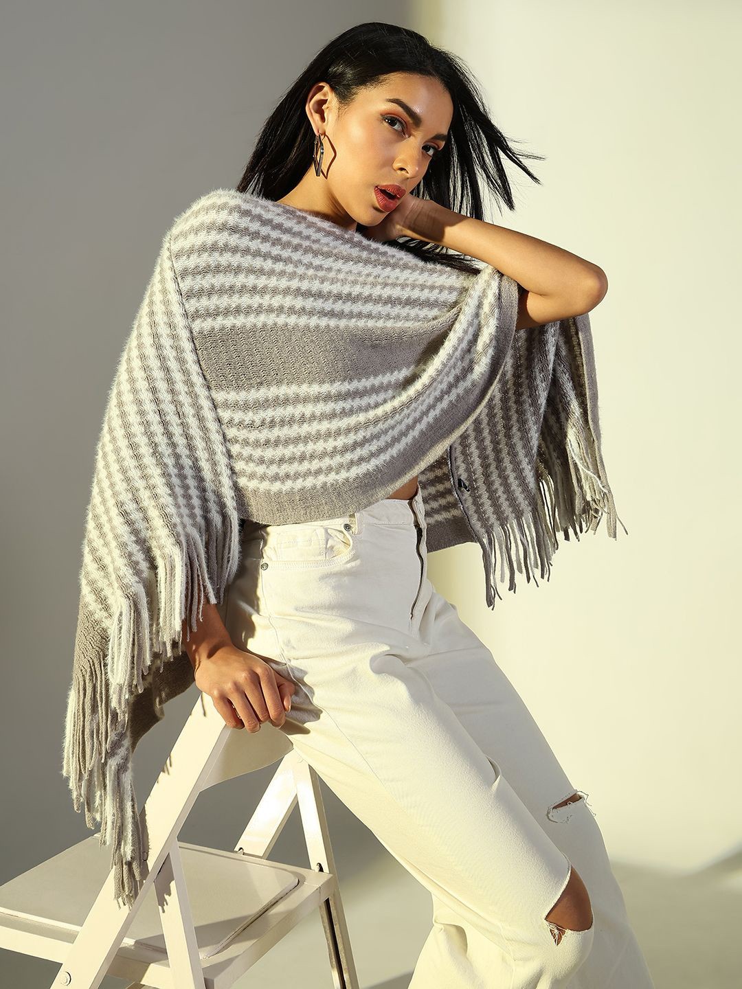 

SHOWOFF Women Striped Longline Poncho, Grey