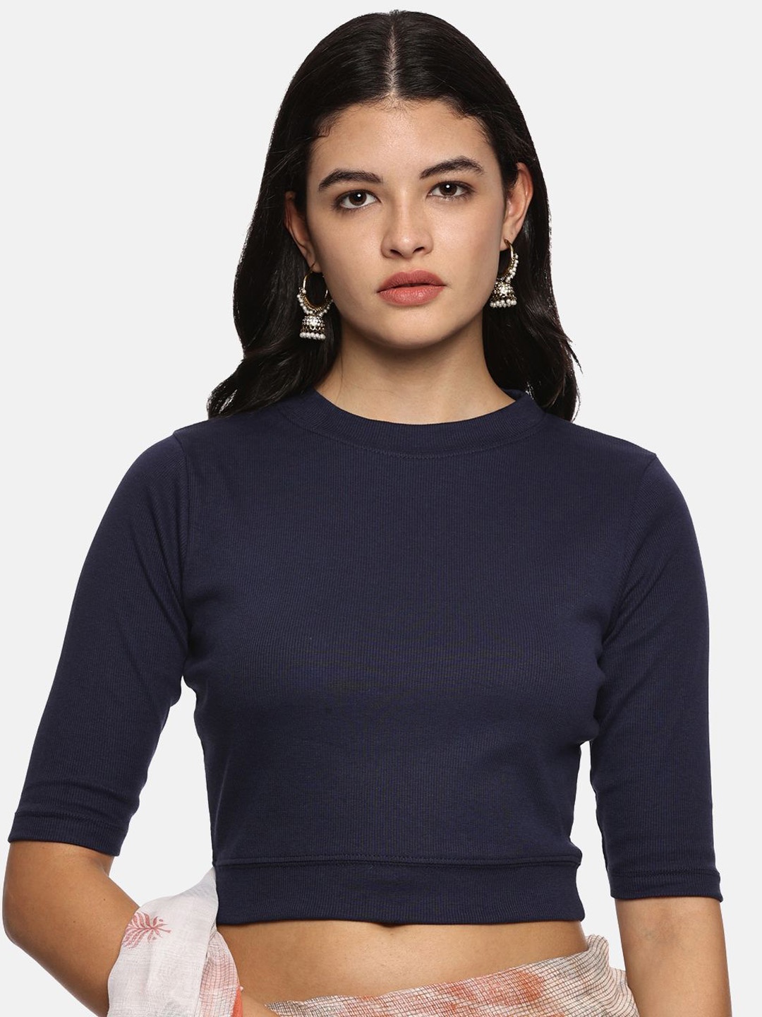 

NOT YET by us Ribbed Round Neck Saree Blouse, Navy blue