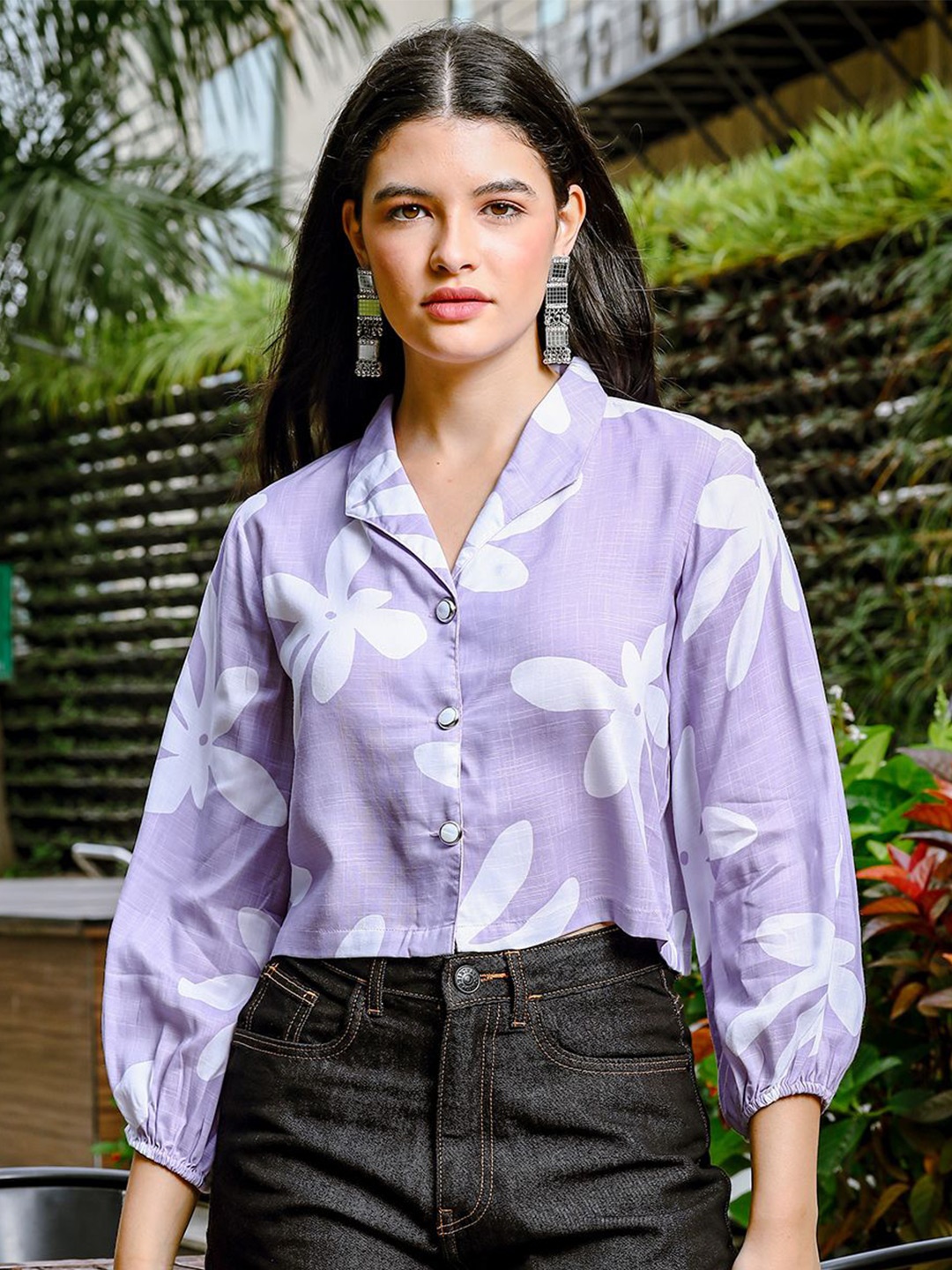 

Yufta Floral Print Bishop Sleeves Linen Shirt Style Crop Top, Lavender