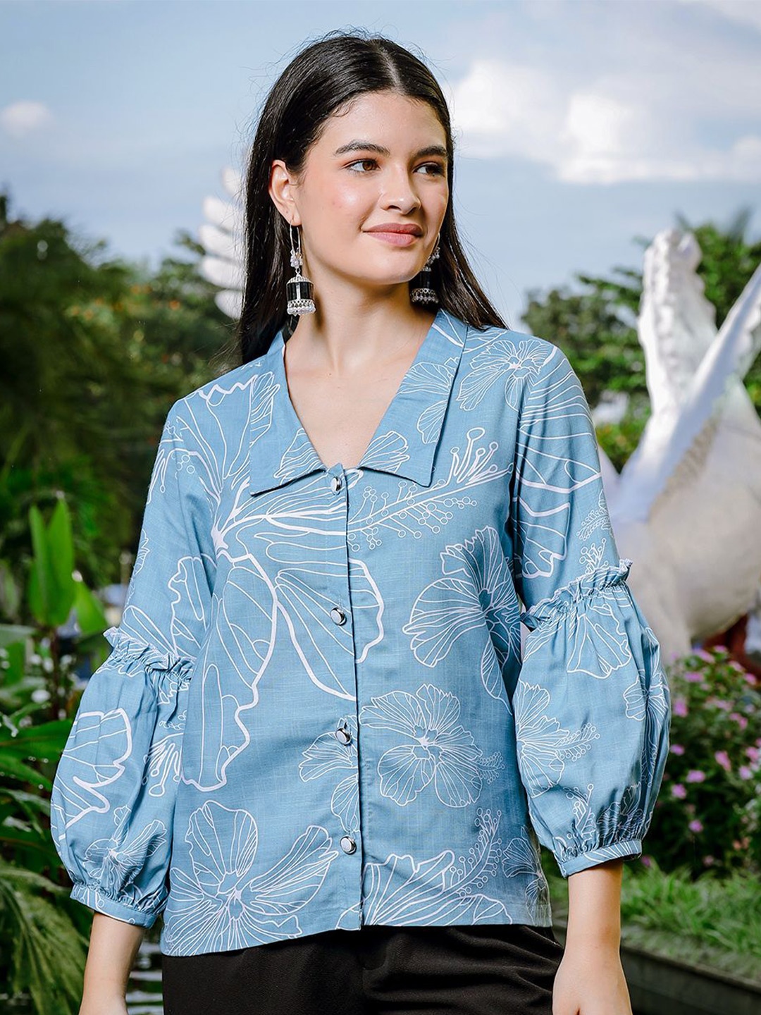 

Yufta Floral Print Puff Sleeve Linen Shirt Style Top, Blue
