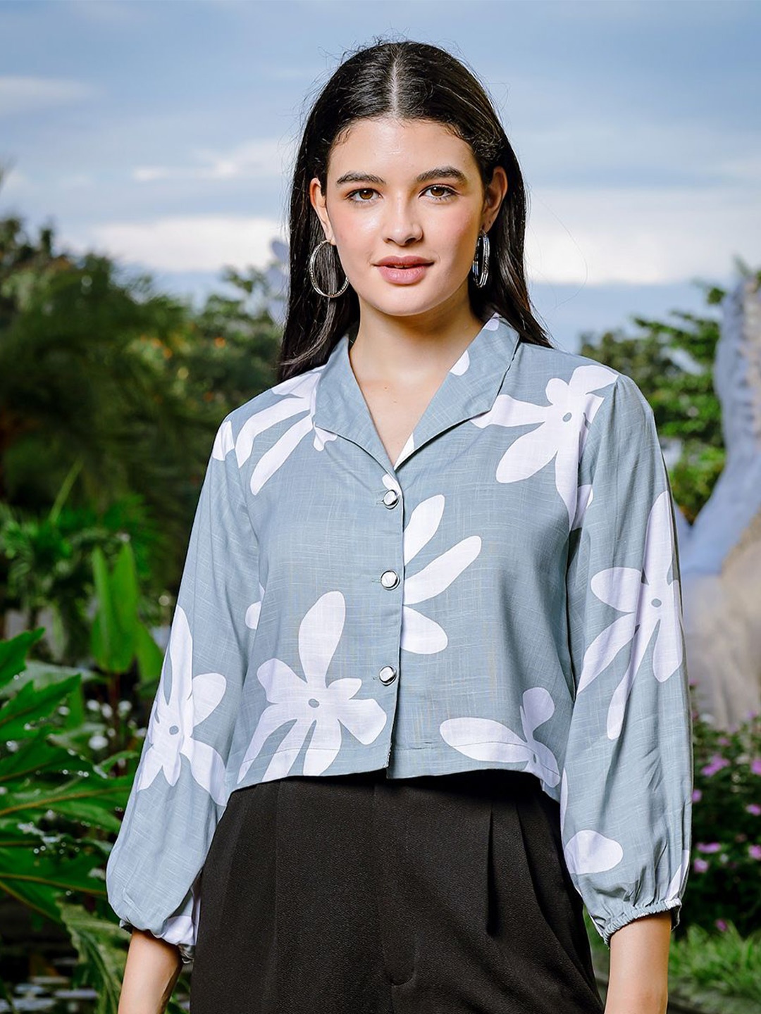 Yufta Floral Print Bishop Sleeves Linen Shirt Style Top, Green