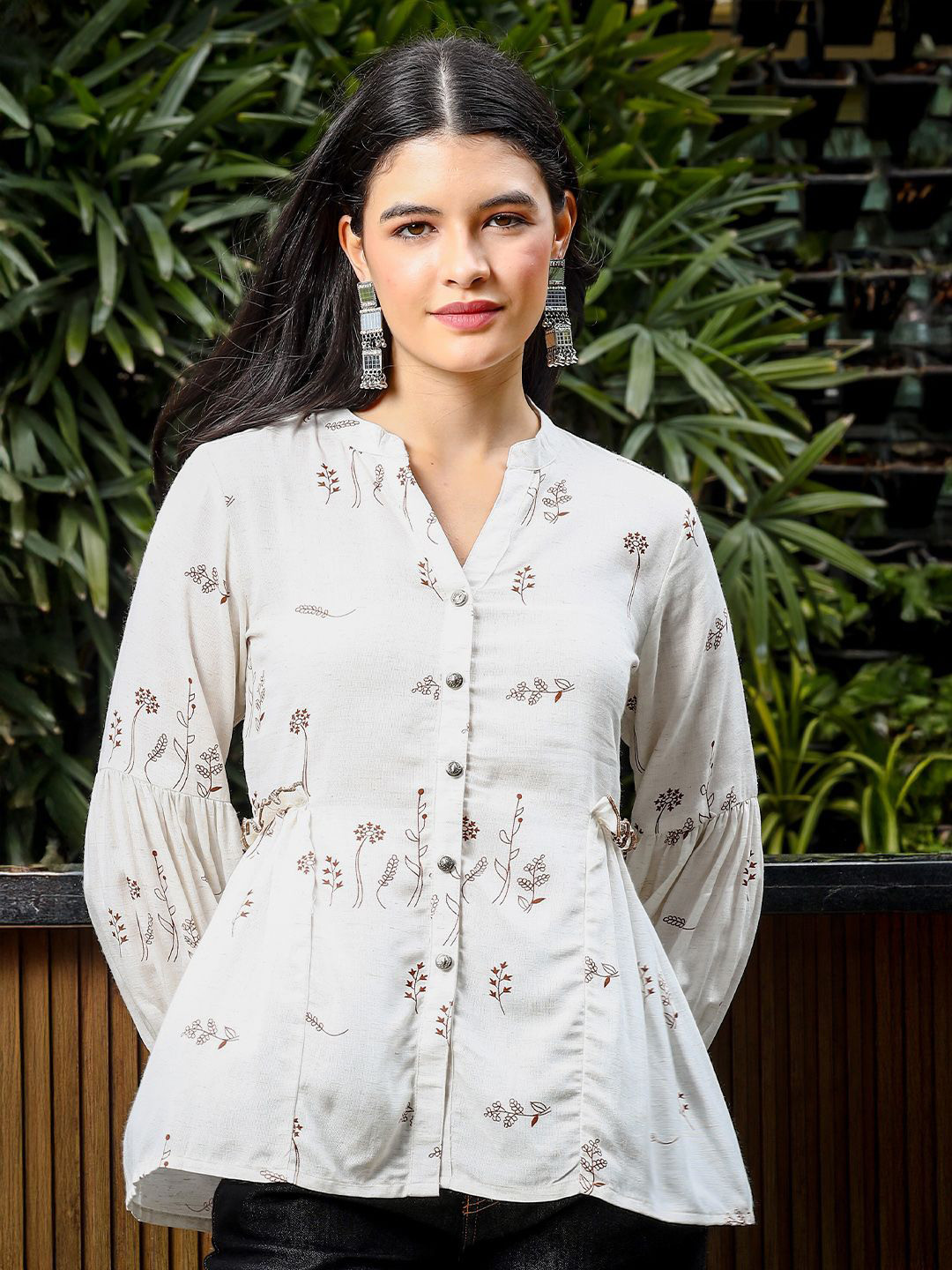 

Yufta Floral Print Puff Sleeve Linen Shirt Style Top, Brown
