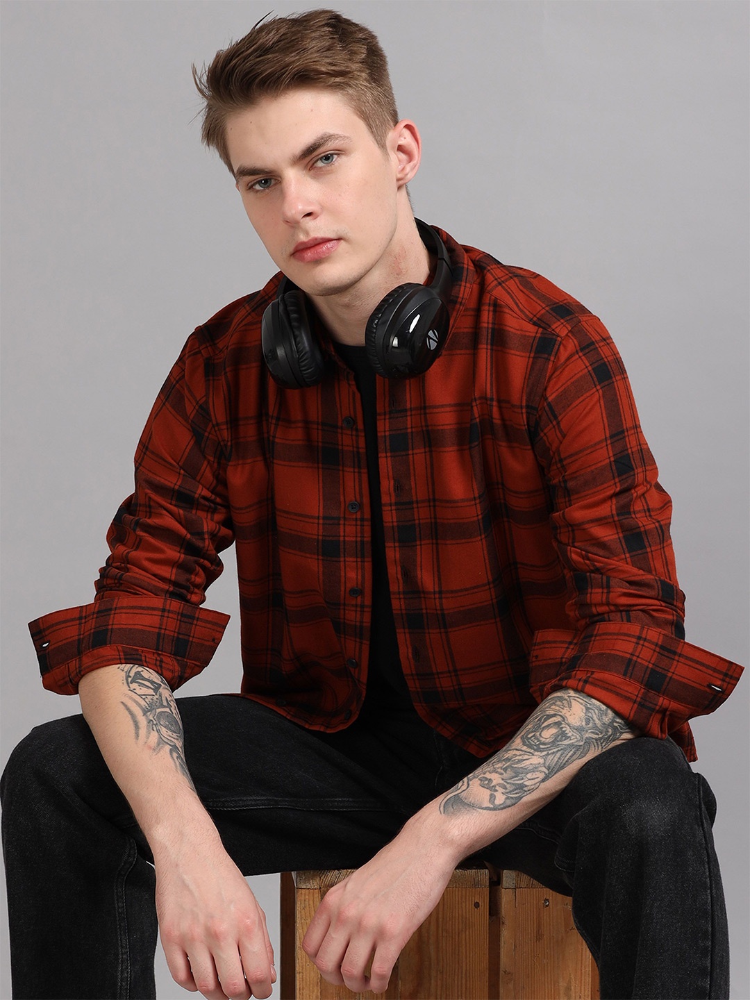 

StitchX Men's Full Sleeve Checkered Spread Collar Casual Shirt, Red