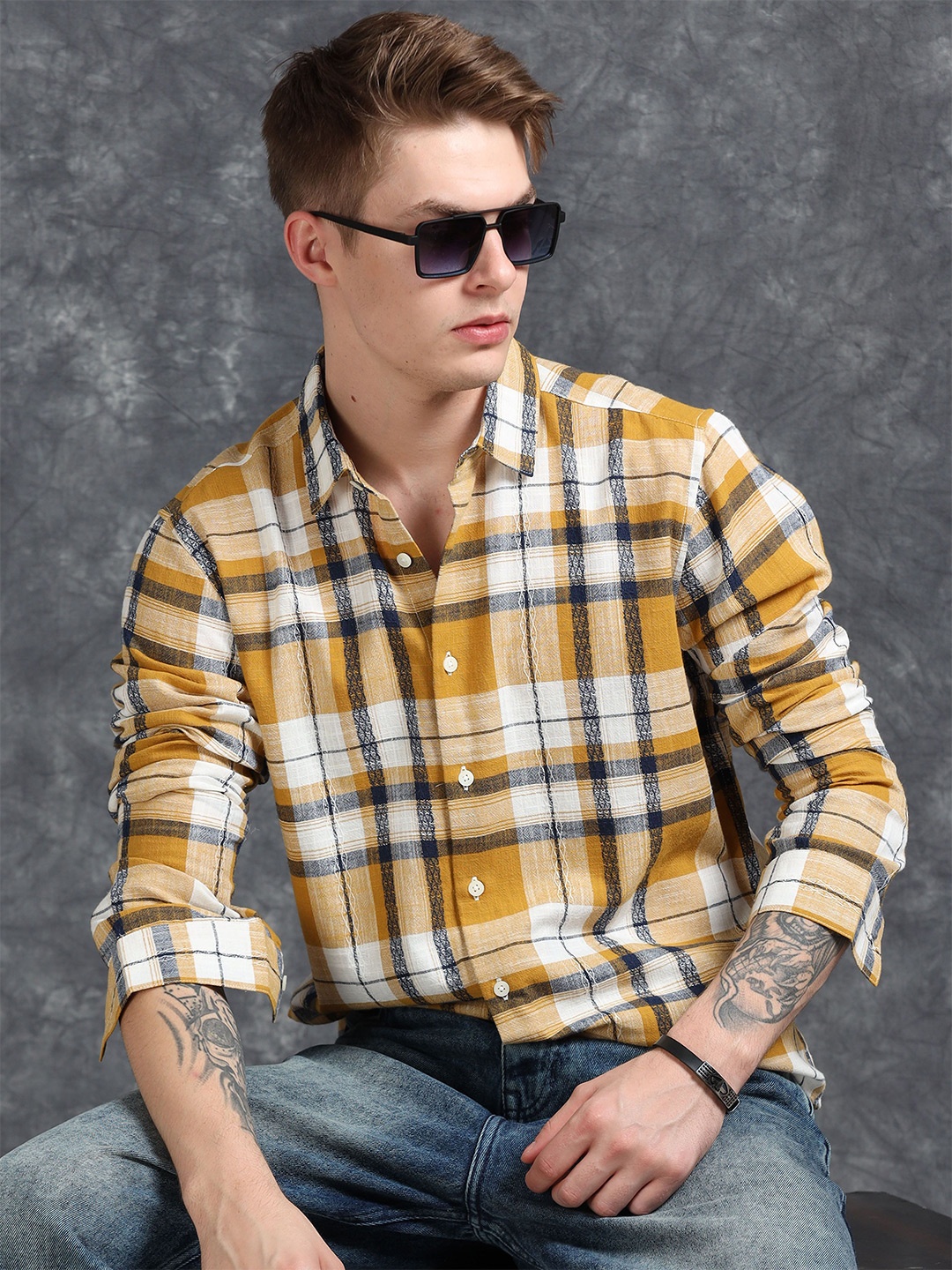 

StitchX Men Full Sleeve Checkered Cotton Spread Collar Casual Shirt, Mustard