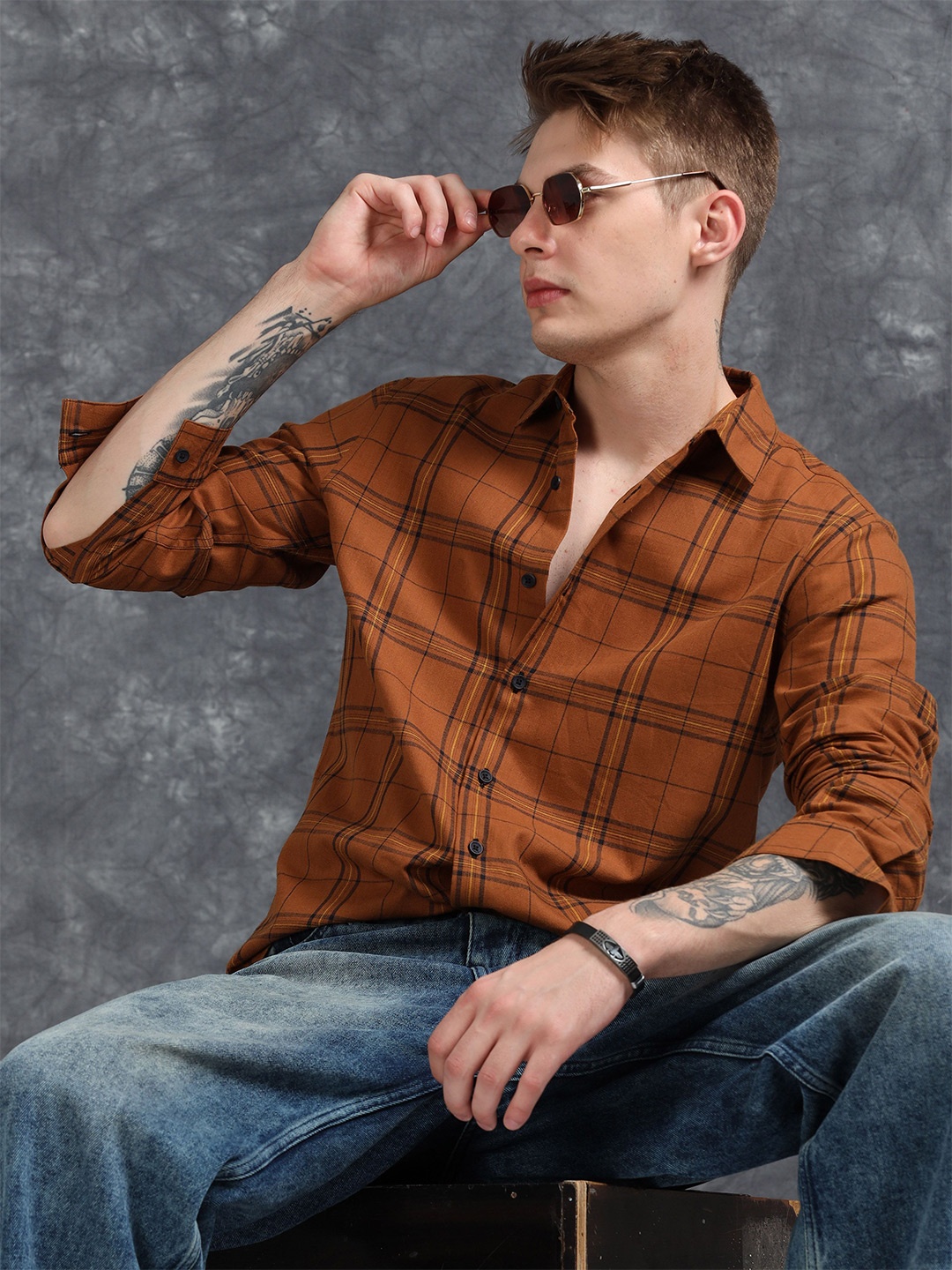 

StitchX Men Full Sleeve Checkered Cotton Spread Collar Casual Shirt, Rust