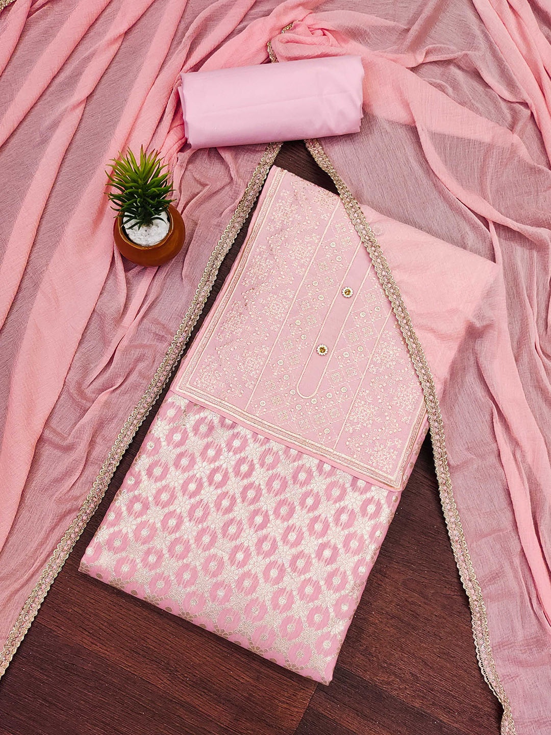 

Maroosh Geometric Banarasi Jacquard Woven Design Unstitched Dress Material, Pink