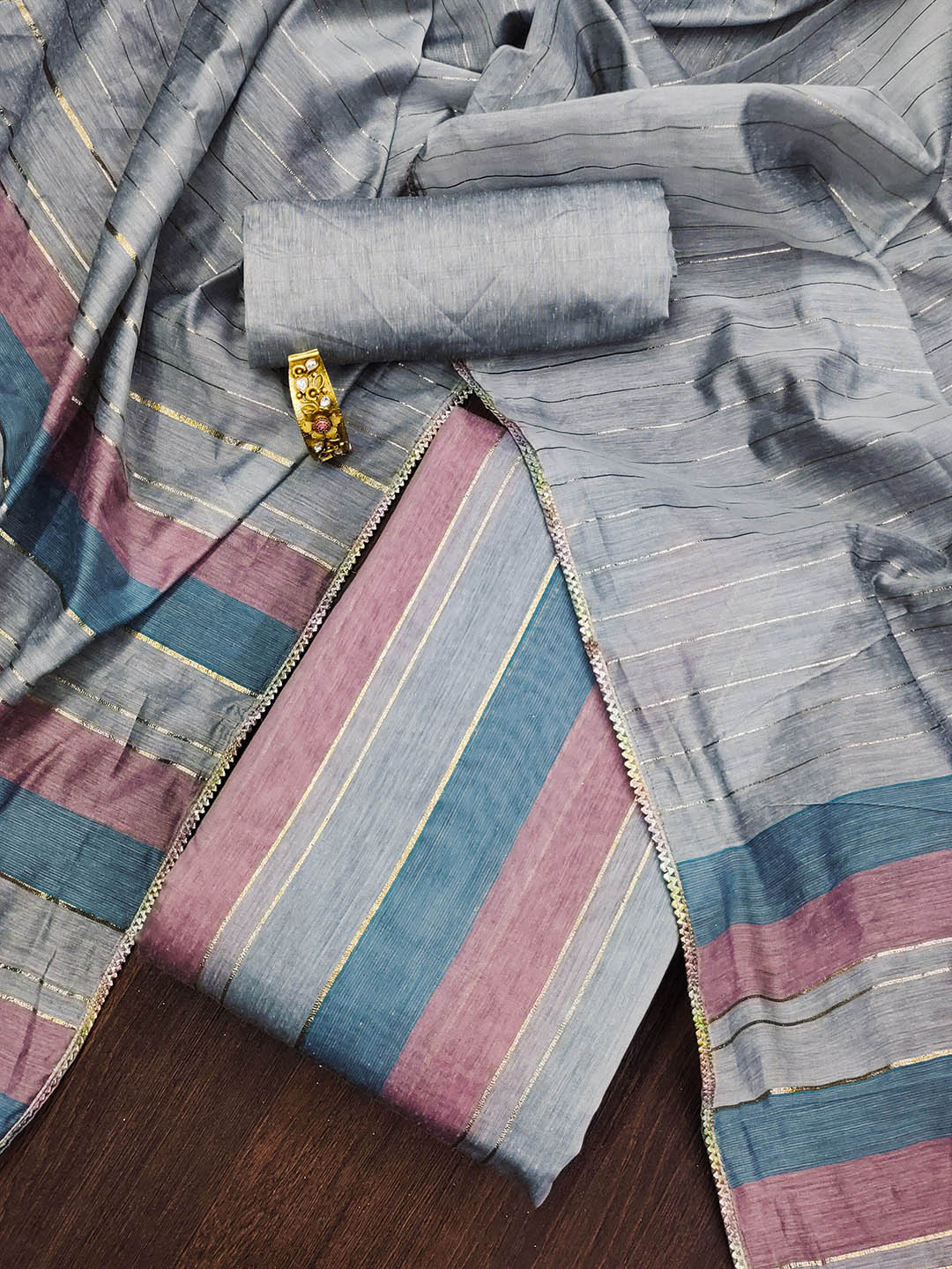 

Maroosh Striped Banarasi Silk Unstitched Dress Material, Grey