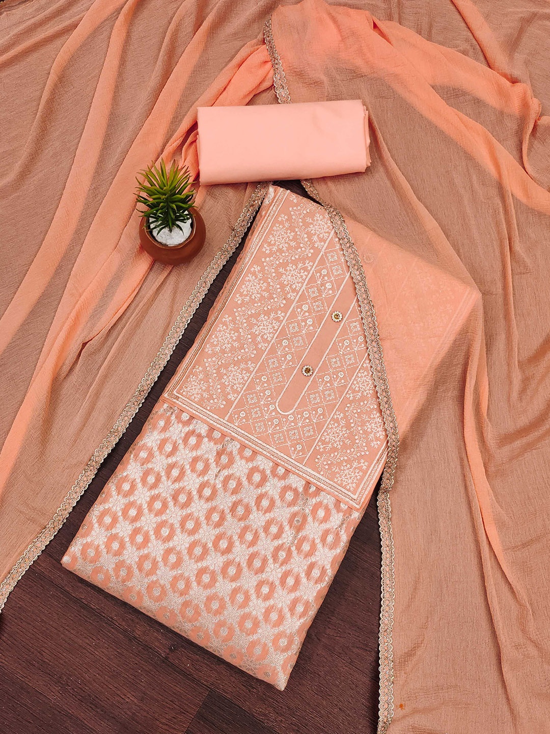 

Maroosh Ethnic Motifs Woven Design Unstitched Dress Material, Peach