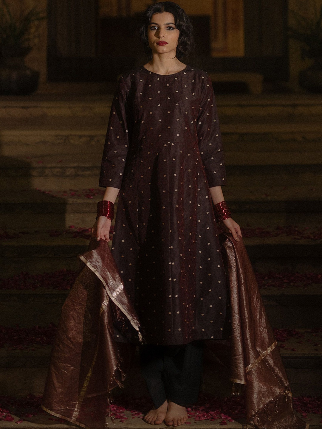 

BAARO MASI Floral Woven Design Pleated Brocade Anarkali Kurta With Salwar & Dupatta, Black
