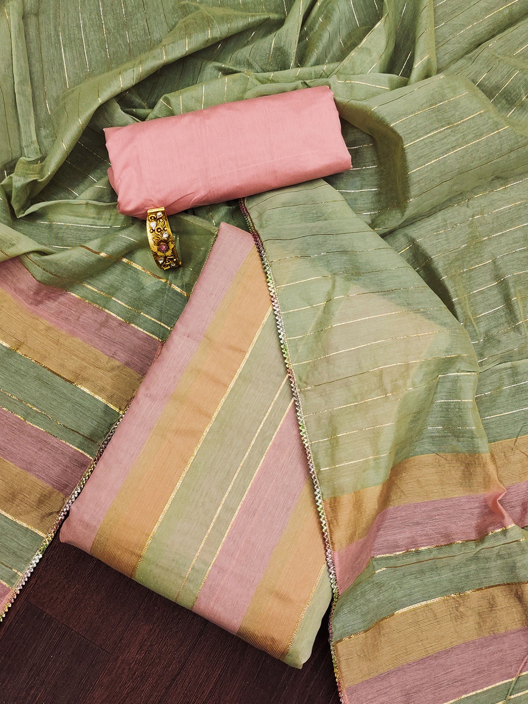 

Maroosh Striped Banarasi Silk Unstitched Dress Material, Green