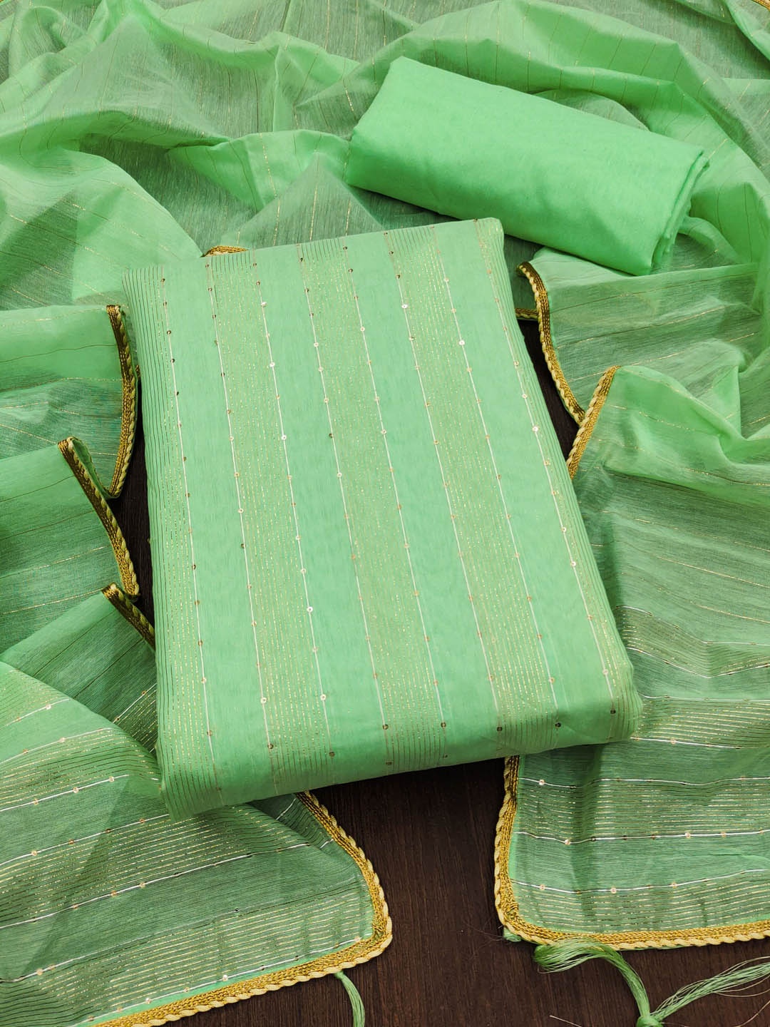 

Maroosh Striped Sequence Chanderi Unstitched Dress Material, Green