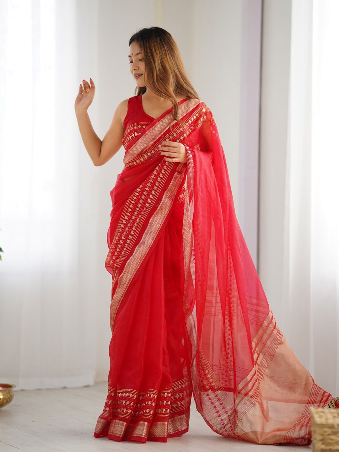 

KALINI Zari Organza Chanderi Saree, Red