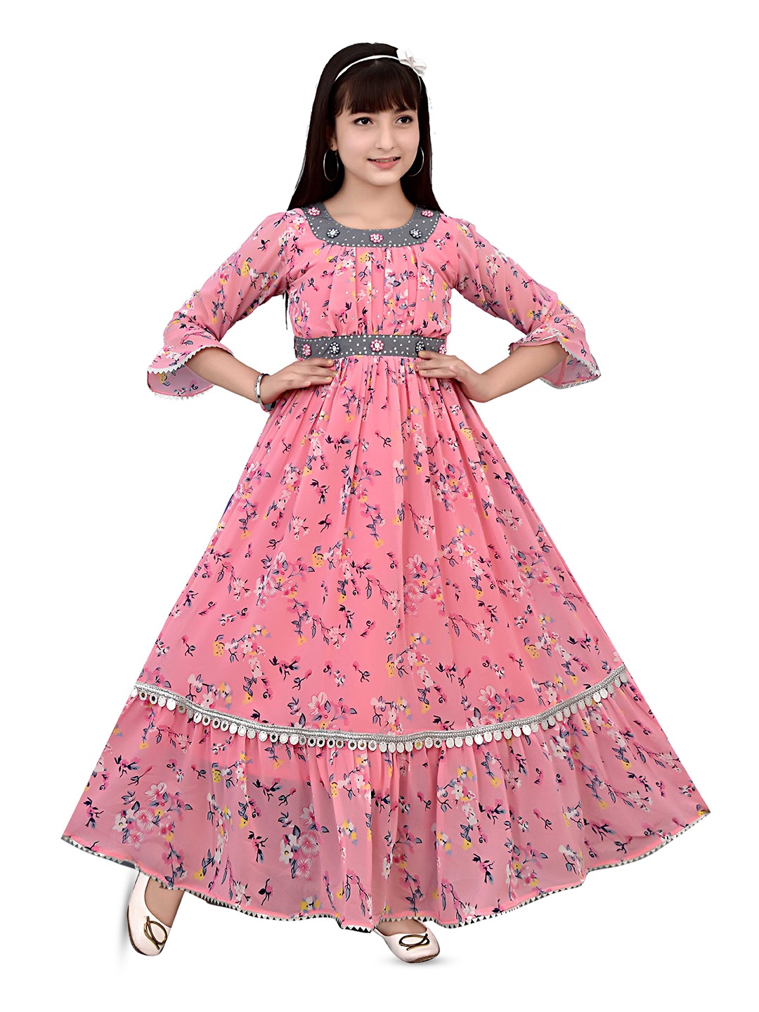 

AJIZA GARMENTS Floral Applique Georgette Maxi Dress, Pink