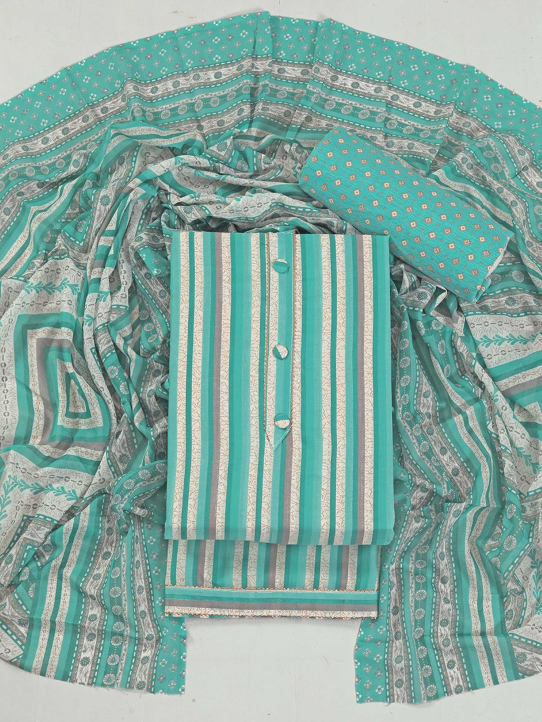 

KALINI Striped Gotta Patti Cotton Unstitched Dress Material, Sea green