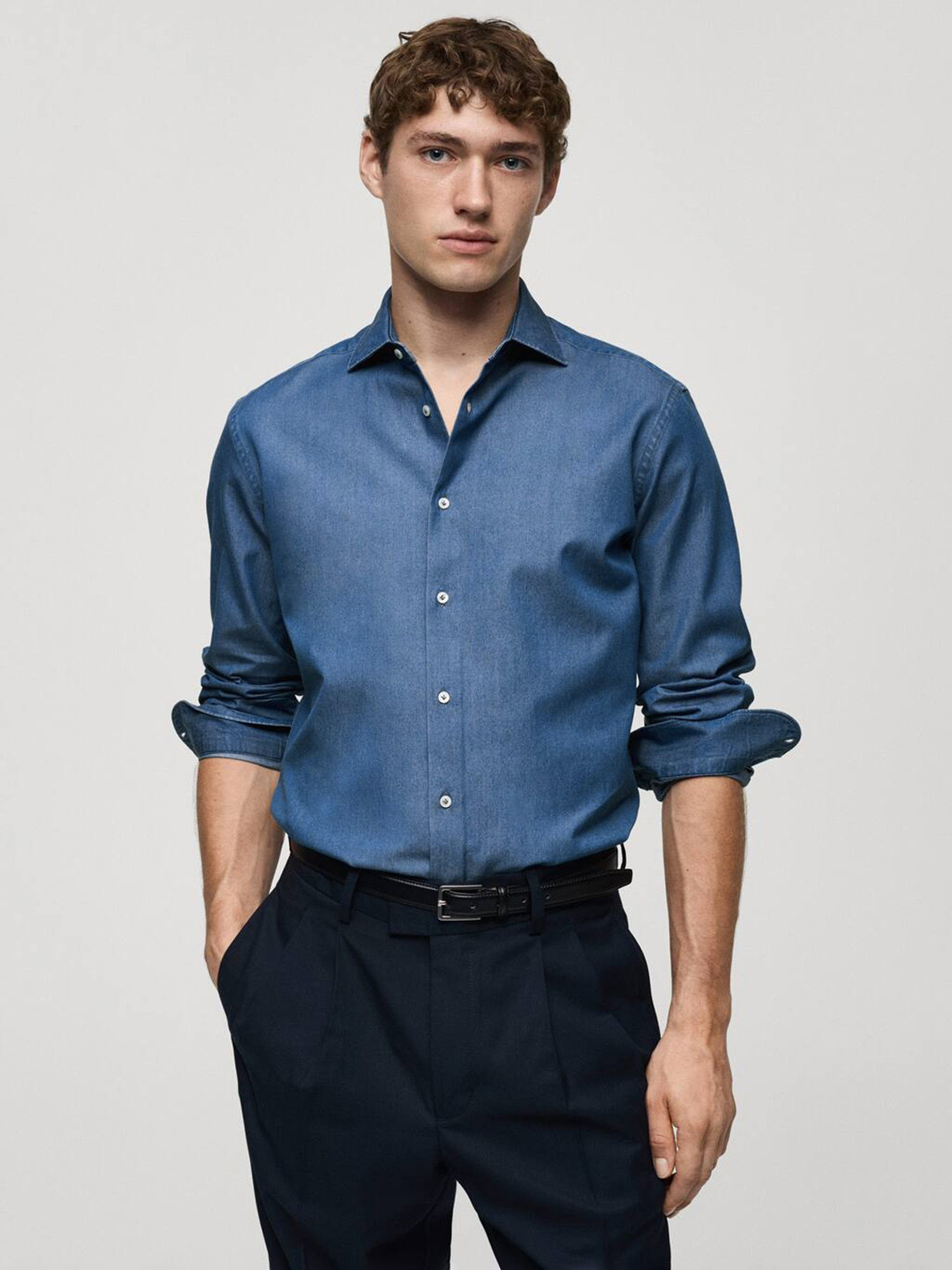 

MANGO MAN Chambray Pure Cotton Shirt, Navy blue