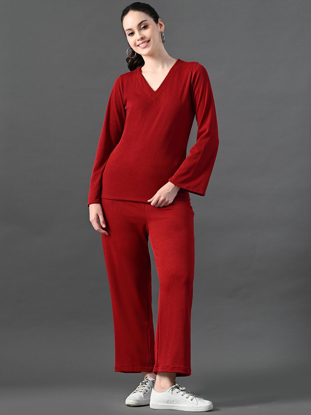 

Myshka V-Neck Long Sleeves Top With Trouser, Red
